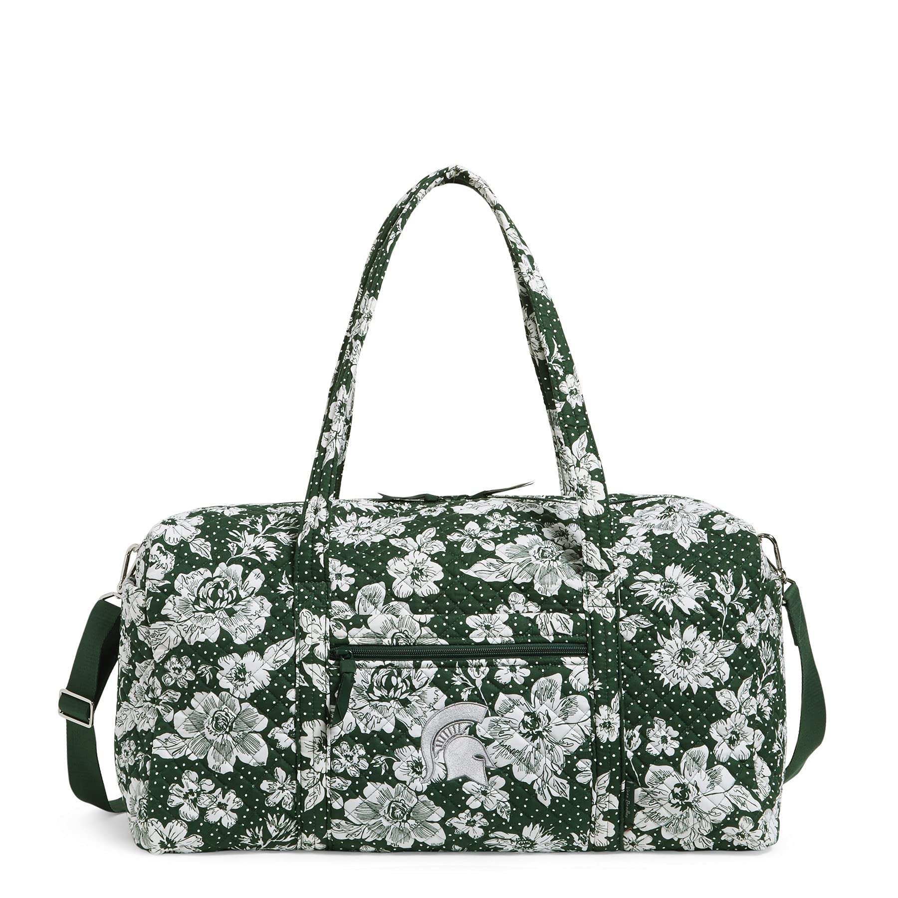 Vera Bradley Women's Recycled Cotton Large Travel Duffle Bag - Michigan State University Dark Green/White Rain Garden Design - Spacious College Team Sports Gear for Gym, Weekend Trips & Campus Life