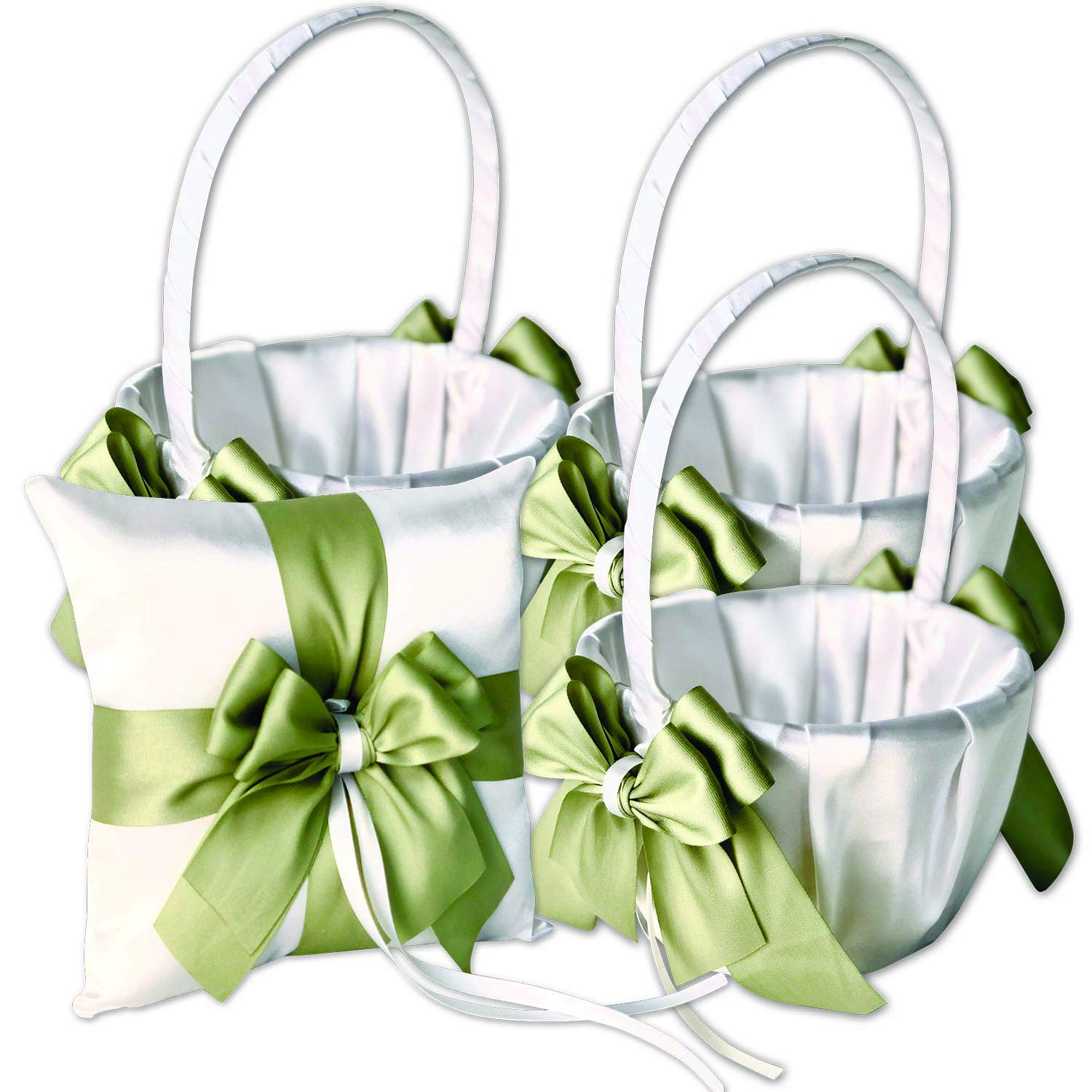 **Ivory Flower Girl Basket and Ring Bearer Pillow Set - Handmade Wedding Accessories in Sage Green | 1 Pillow + 3 Baskets for Bridal Shower, Ceremony & Reception Decor**