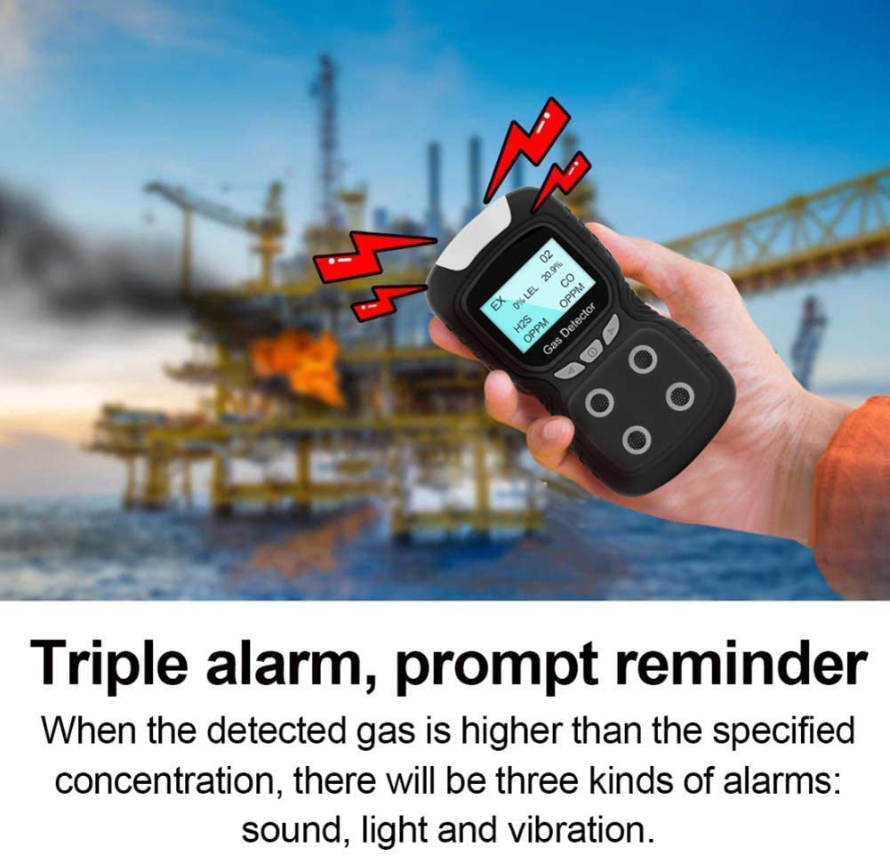 Portable 4-Gas Detector for EX/H2S/CO/O2 - Rechargeable Multi-Gas Monitor with LCD Display, Sound, Light & Vibration Alarms - Durable Gas Analyzer for Industrial Safety, Confined Space & Workplace Monitoring