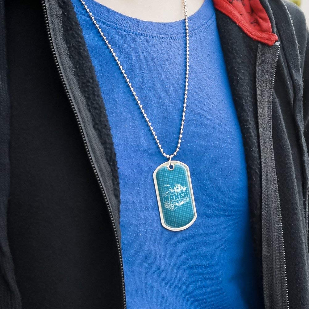 Custom Military Dog Tag Pendant Necklace with Robot & Gear Blueprint Design - Personalized Engraved Metal Chain for Men - Perfect for Military Enthusiasts, Engineers & Sci-Fi Fans