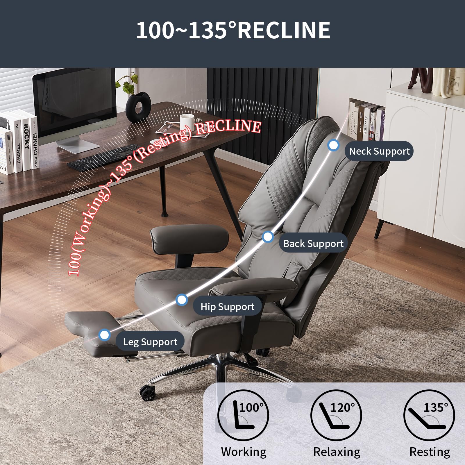 Big and Tall Office Chair for Heavy People 400lbs - Wide Seat Leather Executive Chair with High Back, Footrest & Lumbar Support - Ergonomic Computer Desk Chair for Back Pain Relief - Perfect for Home Office, Gaming & Workspace (Grey)