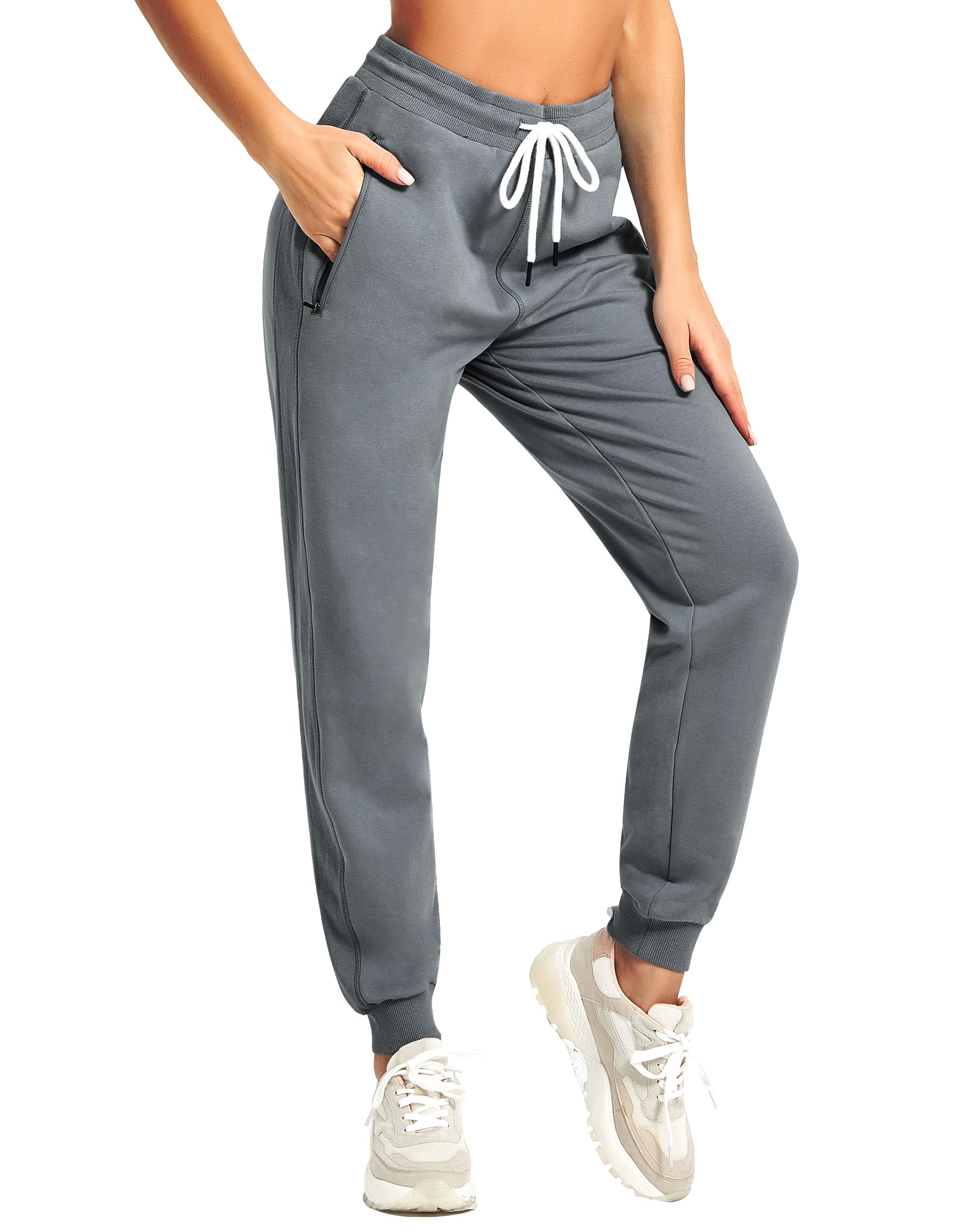 PULI Women's High Waisted Workout Sweatpants - Cotton Joggers with Ribbed Splicing & Zipper Pockets for Yoga, Running, Gym & Lounge Wear