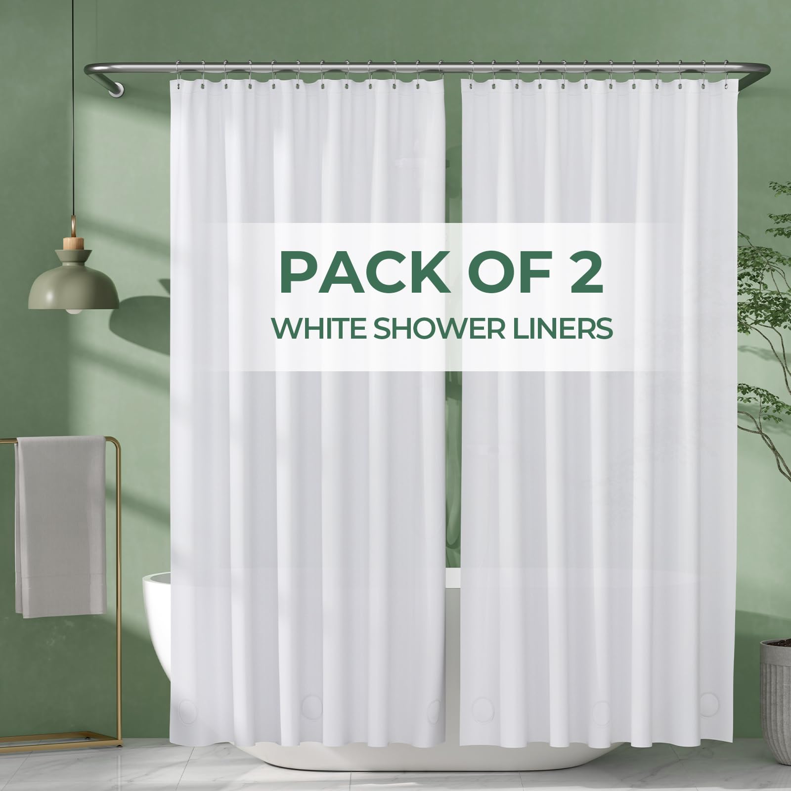 AmazerBath 2 Pack PEVA Plastic Shower Curtain Liner - 72 x 72 Inches Standard Size with 3 Weighted Stones & 12 Rustproof Metal Grommets - Lightweight Bathroom Shower Curtain for Bath Tub, White - Perfect for Home, Hotel, and Apartment Bathrooms