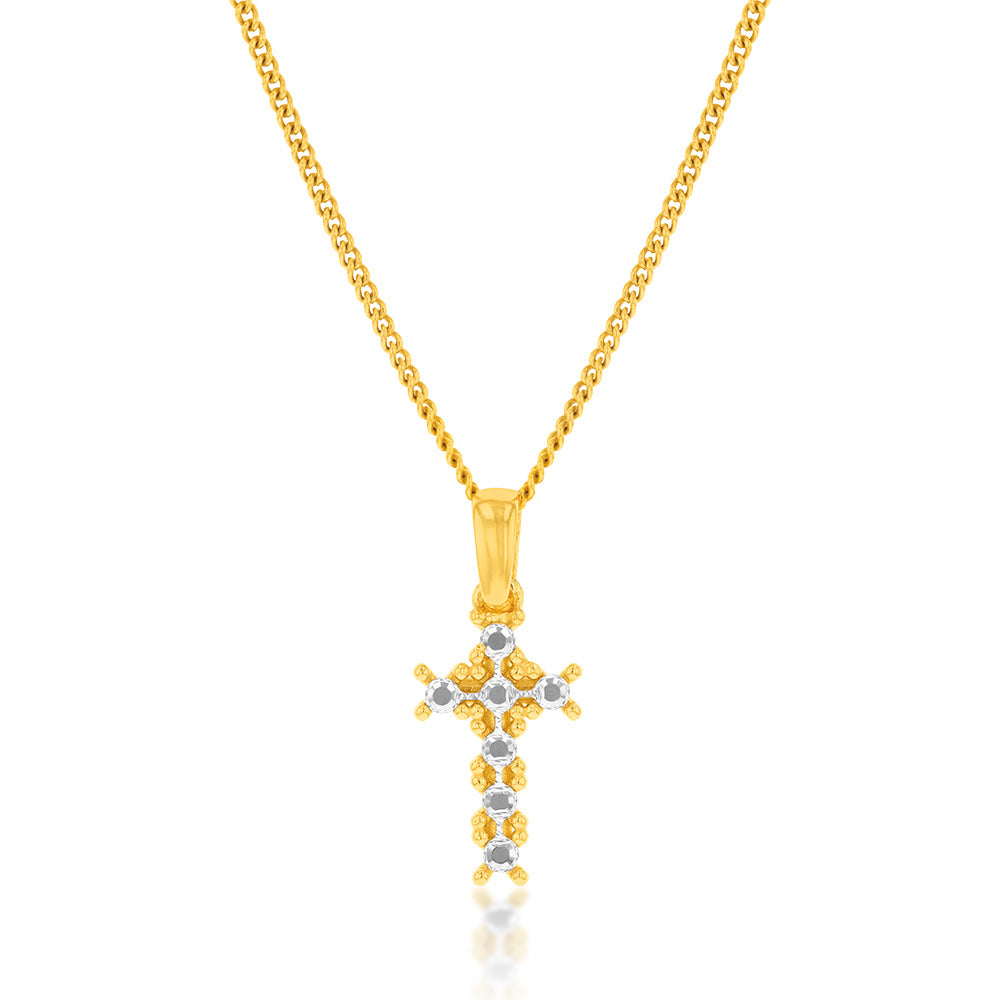 9ct Yellow and White Gold Two-Tone Diamond-Cut Small Cross Pendant Necklace - Elegant Jewelry Gift for Women, Perfect for Everyday Wear, Special Occasions & Religious Events