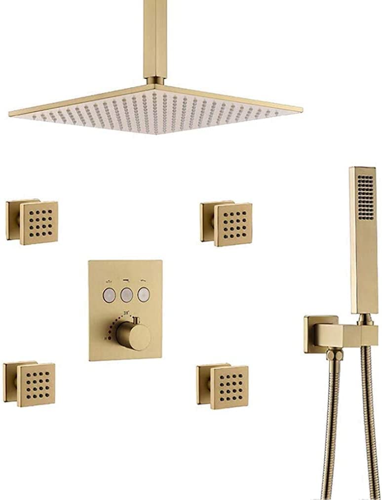 Premium Thermostatic Brass Shower System - Complete Shower Kit with 12 Inch Ceiling Rain Head & 4 Body Sprayers - Brushed Gold Bathroom Faucet Set for Luxury Spa Experience - Perfect for Master Bathroom Remodel & Modern Home Upgrade