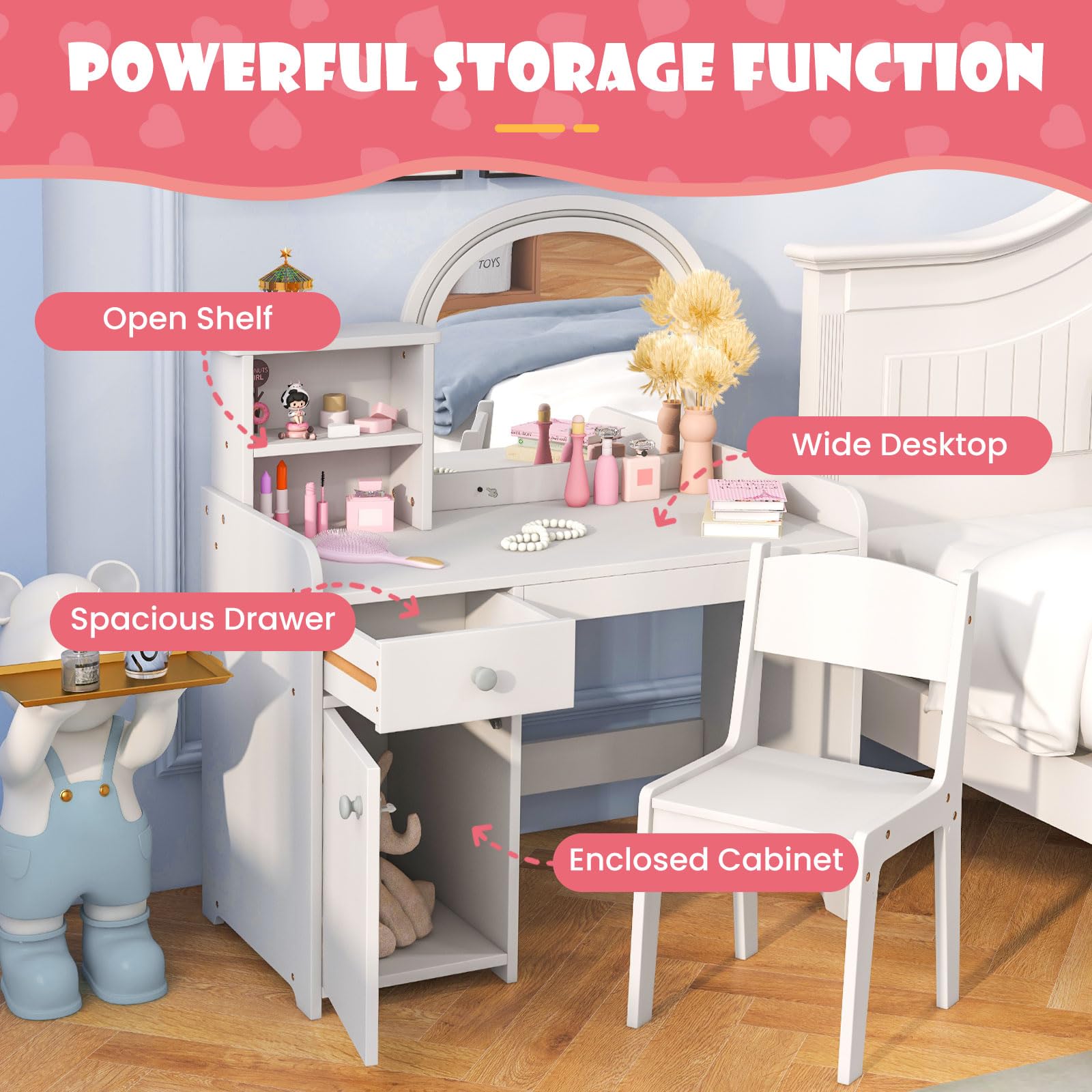 INFANS Kids Vanity Set - Princess Makeup Desk & Chair with LED Mirror, Storage Drawers & Shelves | Wooden Dressing Table for Pretend Play | Perfect Birthday Gift for Toddler Girls (Pink/White) - Great for Bedroom Decor & Imaginative Play