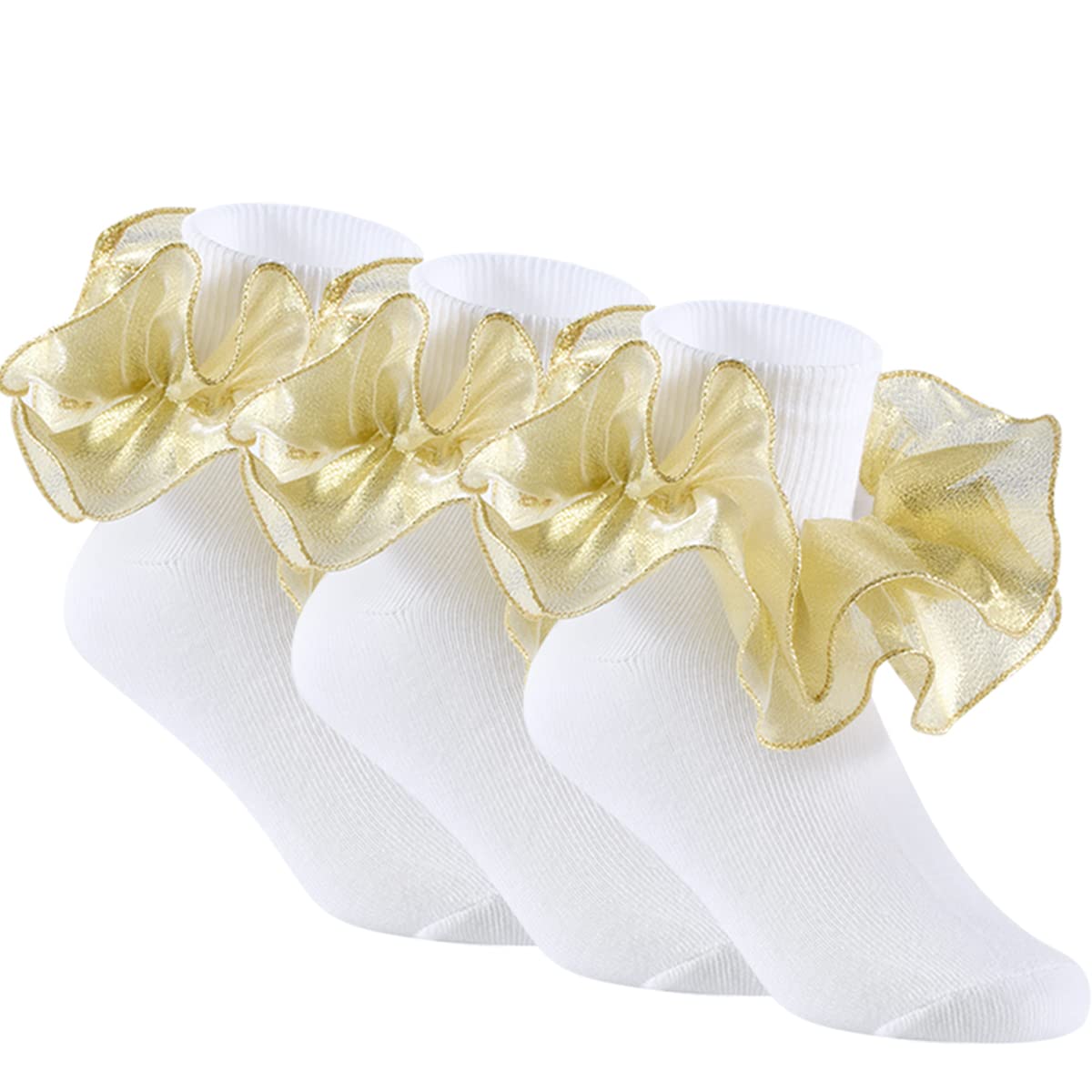 Yepami 3 Pairs Girls Ruffle Socks - Big Double Lace Frilly Trim Dress Socks for Toddler & Kids - Perfect for Parties, Weddings & Special Occasions