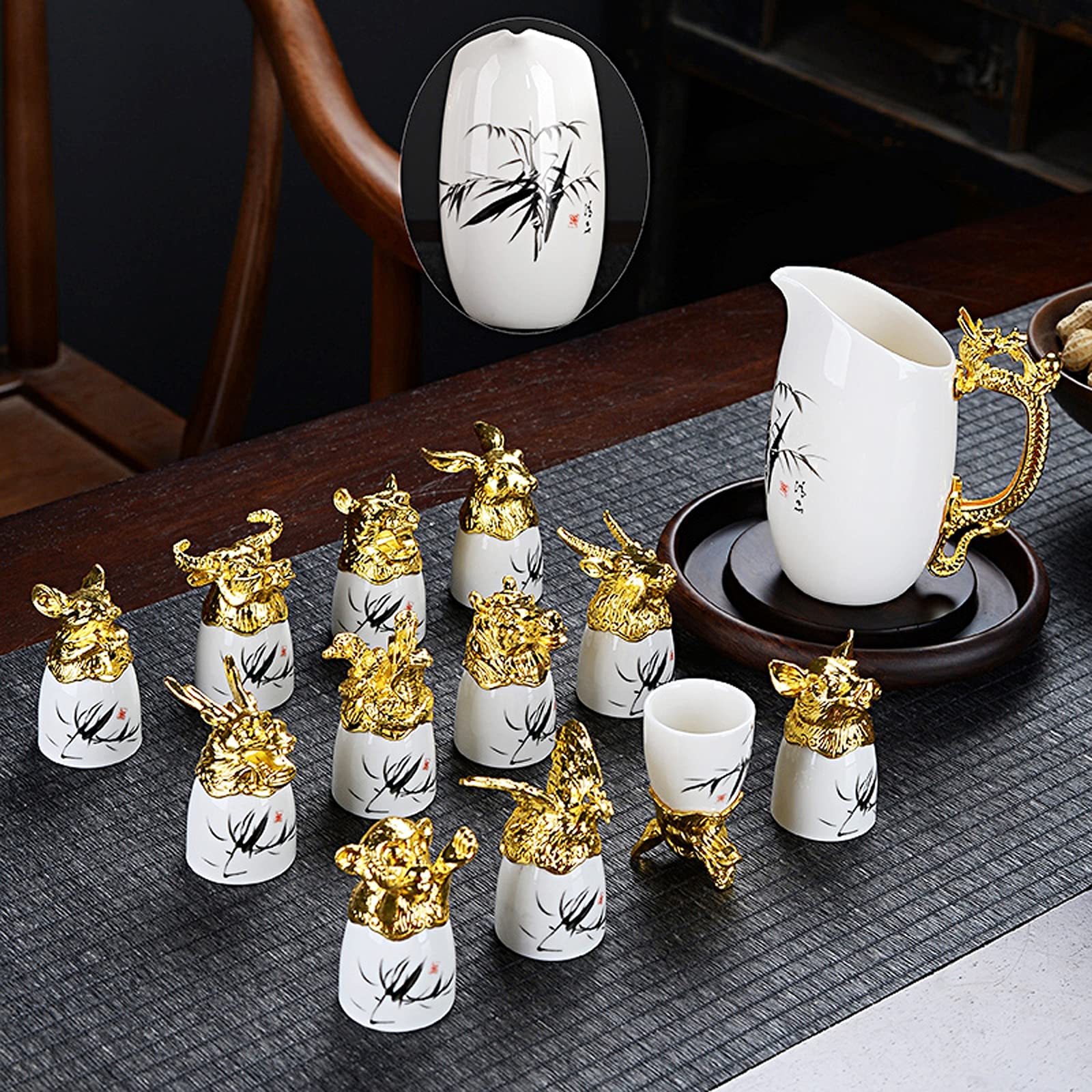 13-Piece Ceramic Sake Set with Warming Mug, Candle Stove, Tea Light Holder & Tray - Elegant White & Bamboo Design for Japanese Dining, Home Bar Decor & Gift Giving