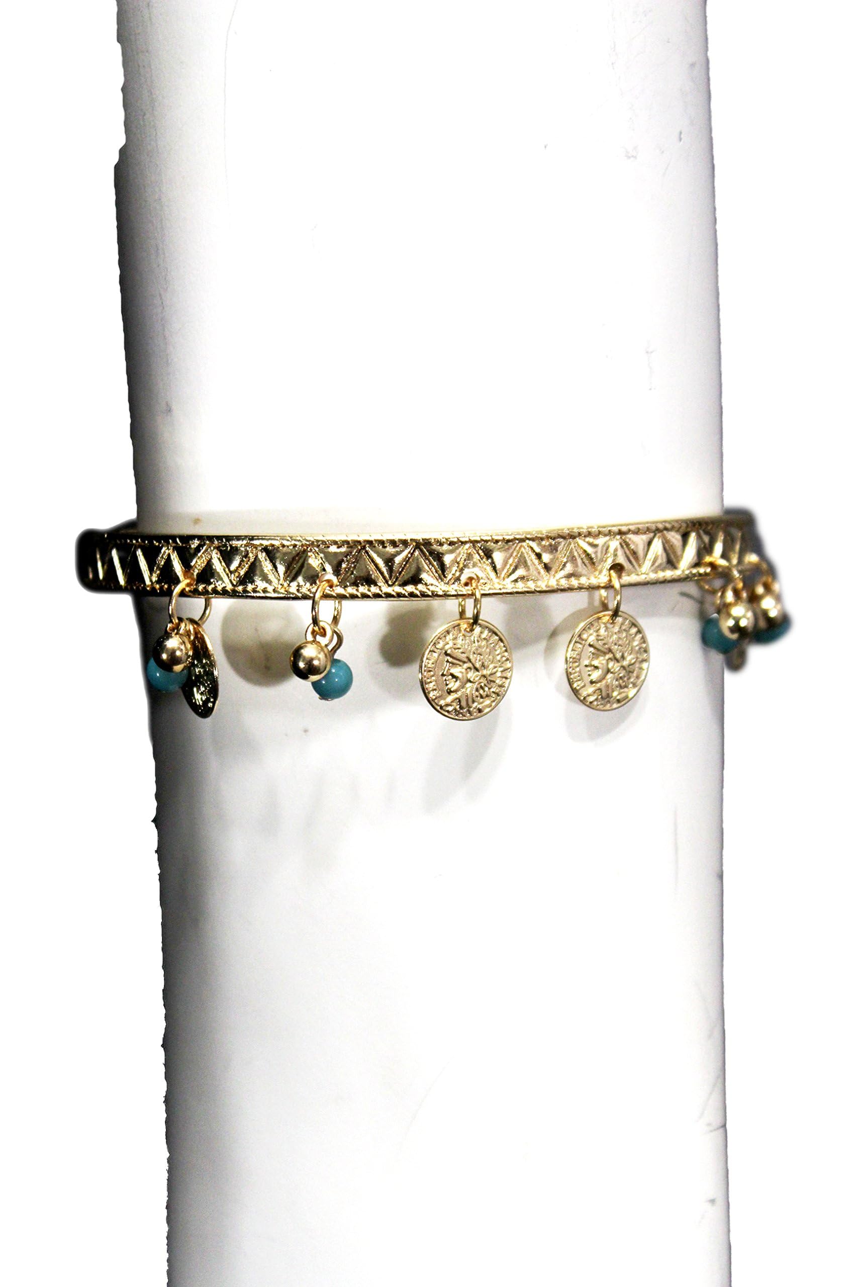 TFJ Women's Fashion Jewelry - Elegant Metal High Arm Cuff Bracelet with Gold Coins & Turquoise Beads, Wrap Around Bangle for Boho Chic Style - Perfect for Parties, Weddings and Festival Outfits