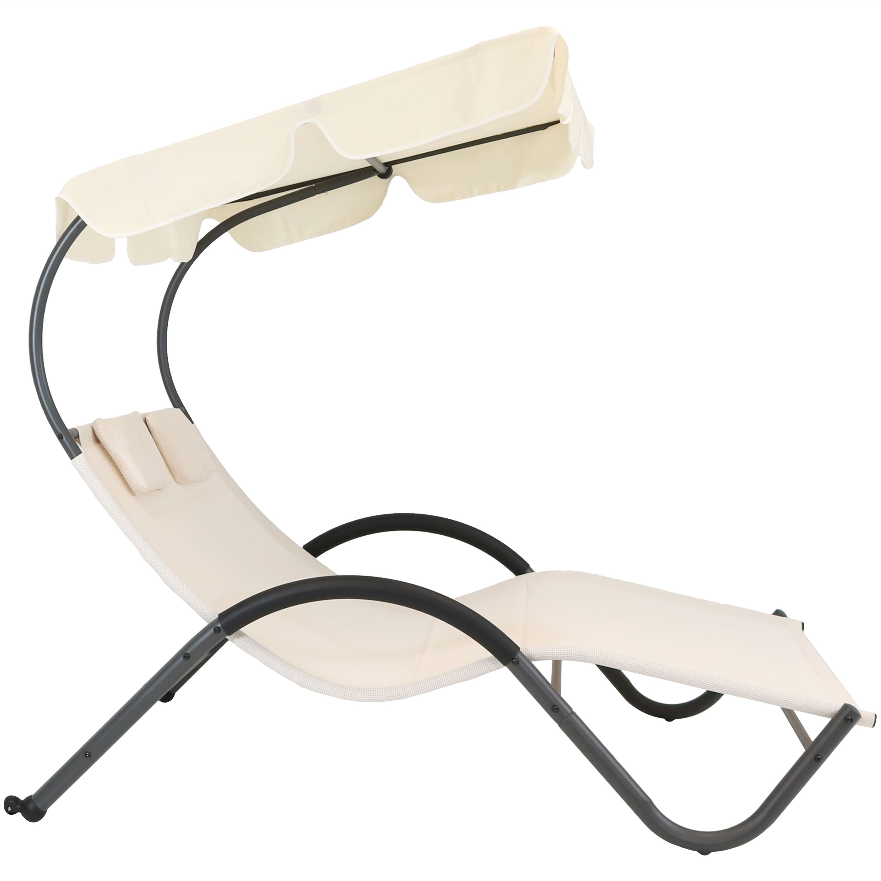 Sunnydaze Double Chaise Lounge with Canopy & Headrest Pillow - Beige Outdoor Patio Furniture for Poolside, Garden, or Backyard Relaxation