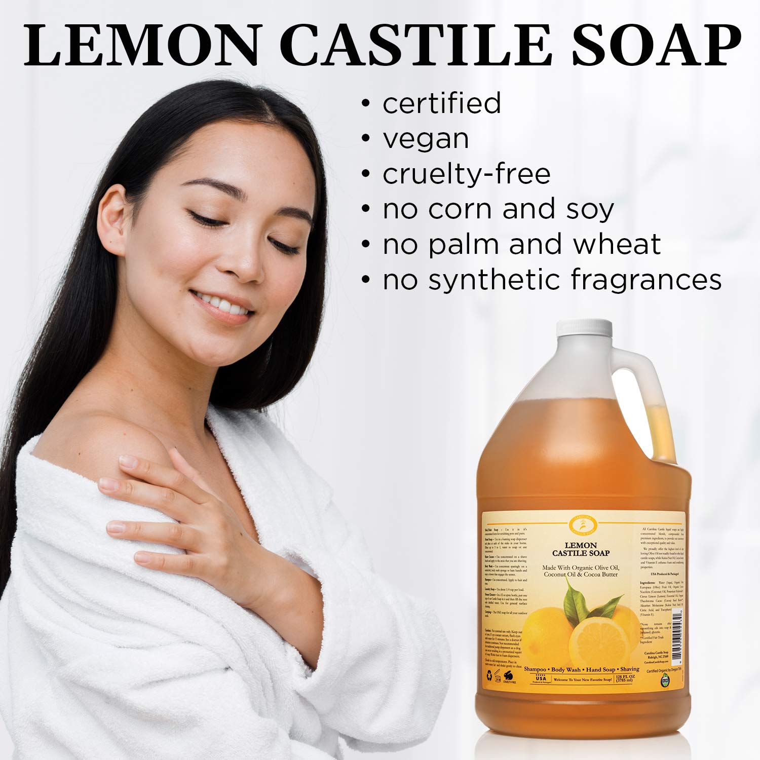 Organic Carolina Castile Soap - Lemon Scented Natural Body Wash for Men & Women | Certified Organic, High Olive Oil Content, Non-Drying Formula | Perfect for Shower, Bath & Hand Washing (1 Gallon)