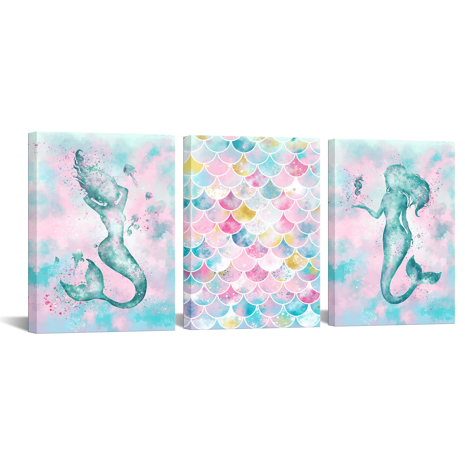 Artmyharbor Mermaid Wall Art - Romantic Pink & Blue Marine Theme Painting for Bathroom, Girls Bedroom & Nursery Decor - Perfect for Coastal, Beach & Underwater Themed Rooms