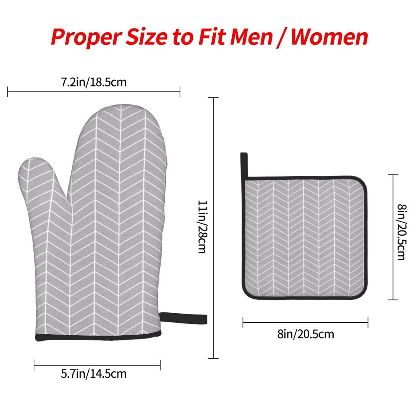 Heat Resistant Stripe Oven Mitt and Pot Holders Set - Non-Slip Kitchen Gloves for Baking, Cooking, Grilling & BBQ - Microwave Safe for Adults (3-Piece Grey Set) - Perfect for Holiday Cooking, Camping & Outdoor Barbecues