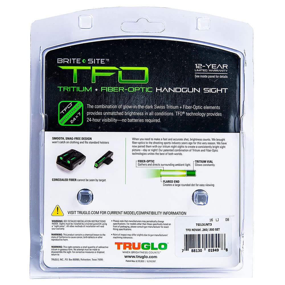 Truglo TFO Tritium & Fiber-Optic Handgun Sight Set - High Visibility Front & Rear Night Sights for 1911 Pistols | Durable Compact Design for Low Light & Tactical Shooting Scenarios