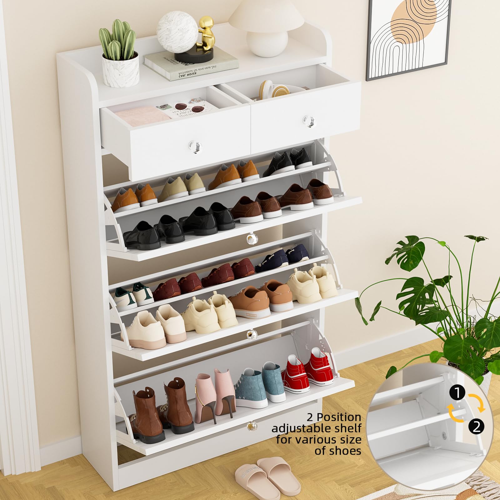 VOWNER 3-Tier Shoe Storage Cabinet with Flip Drawers & Adjustable Shelves - Freestanding Entryway Organizer for Shoes, Boots & Accessories - Perfect for Hallway, Living Room & Closet Organization (White)