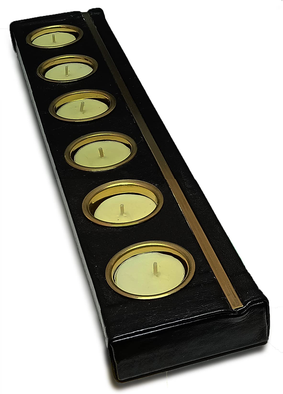 Premium Leather & Brass Tea Light Candle Holder Set - 6 Modern Luxury Candlesticks for Home Decor, Wedding Centerpieces & Romantic Ambiance (Black) - by alaa Store