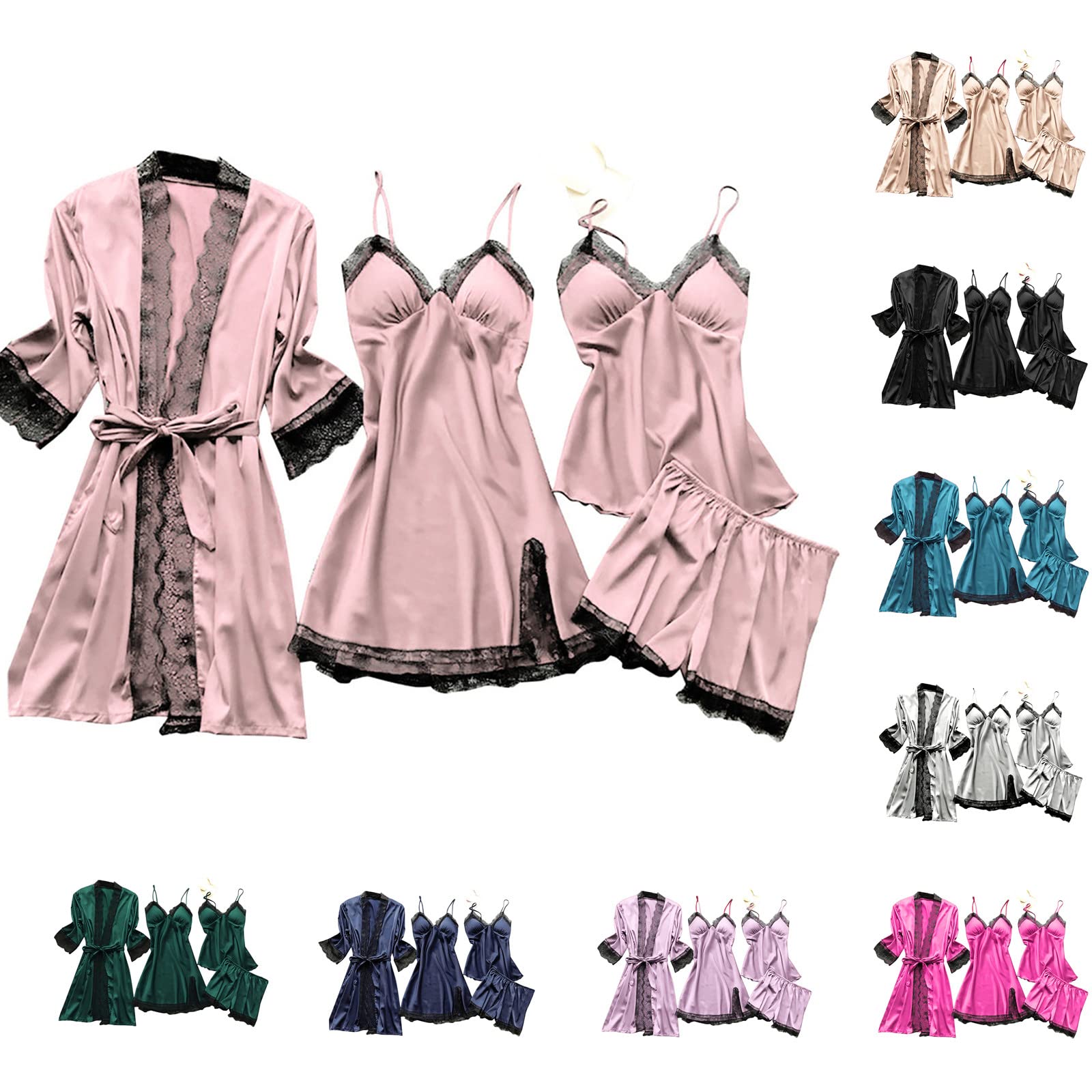 Women's 4-Piece Silk Satin Pajama Set with Lace Trim - Sexy Sleepwear Nightgown, Cami Top & Robe Lingerie Set for Bedtime, Valentine's Gift & Boudoir Photography