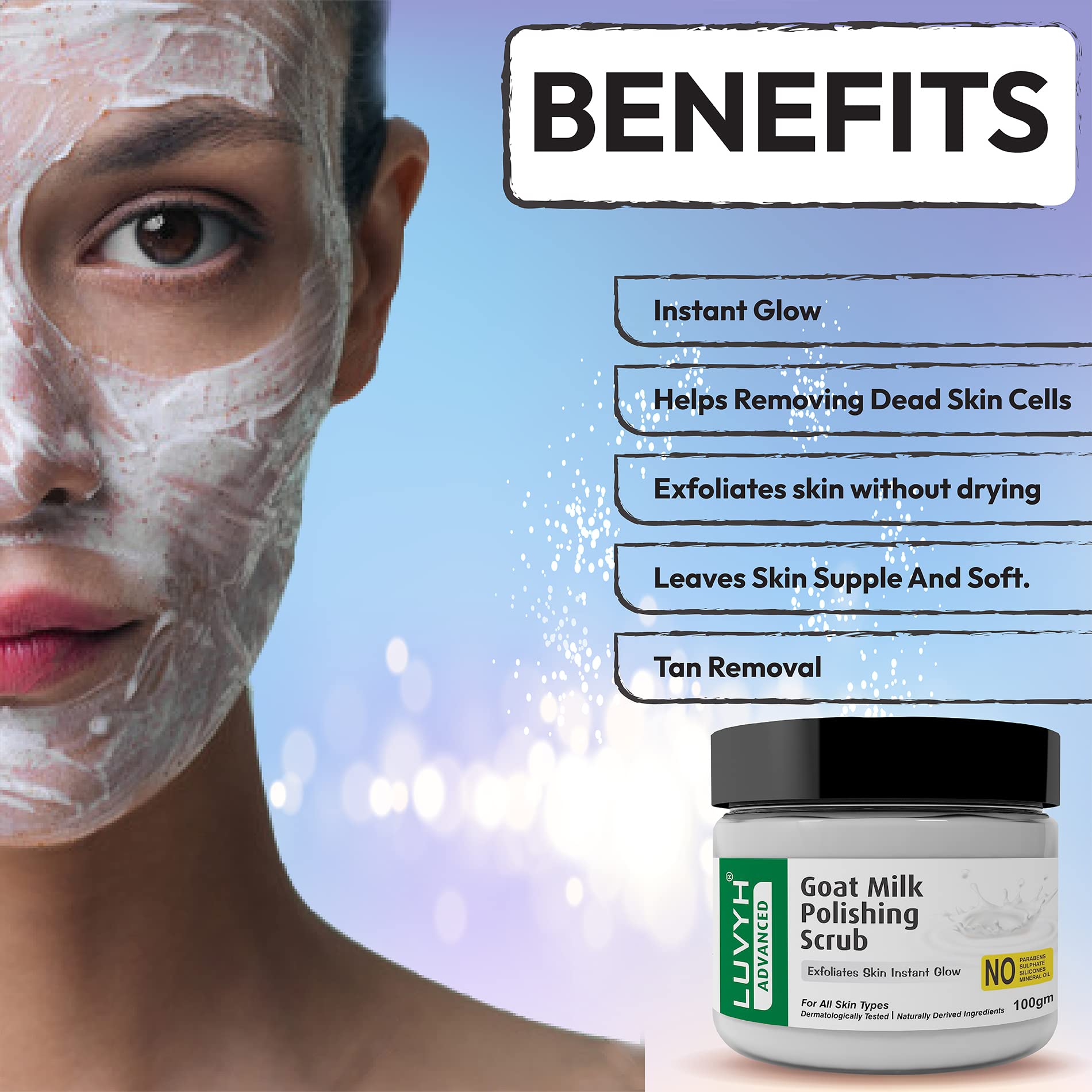 Luvyh Goat Milk Face Scrub - Exfoliating & Brightening Facial Treatment for All Skin Types | Tan Removal, Whitening & Rejuvenating | 100g | Perfect for Daily Skincare Routine & Spa Days