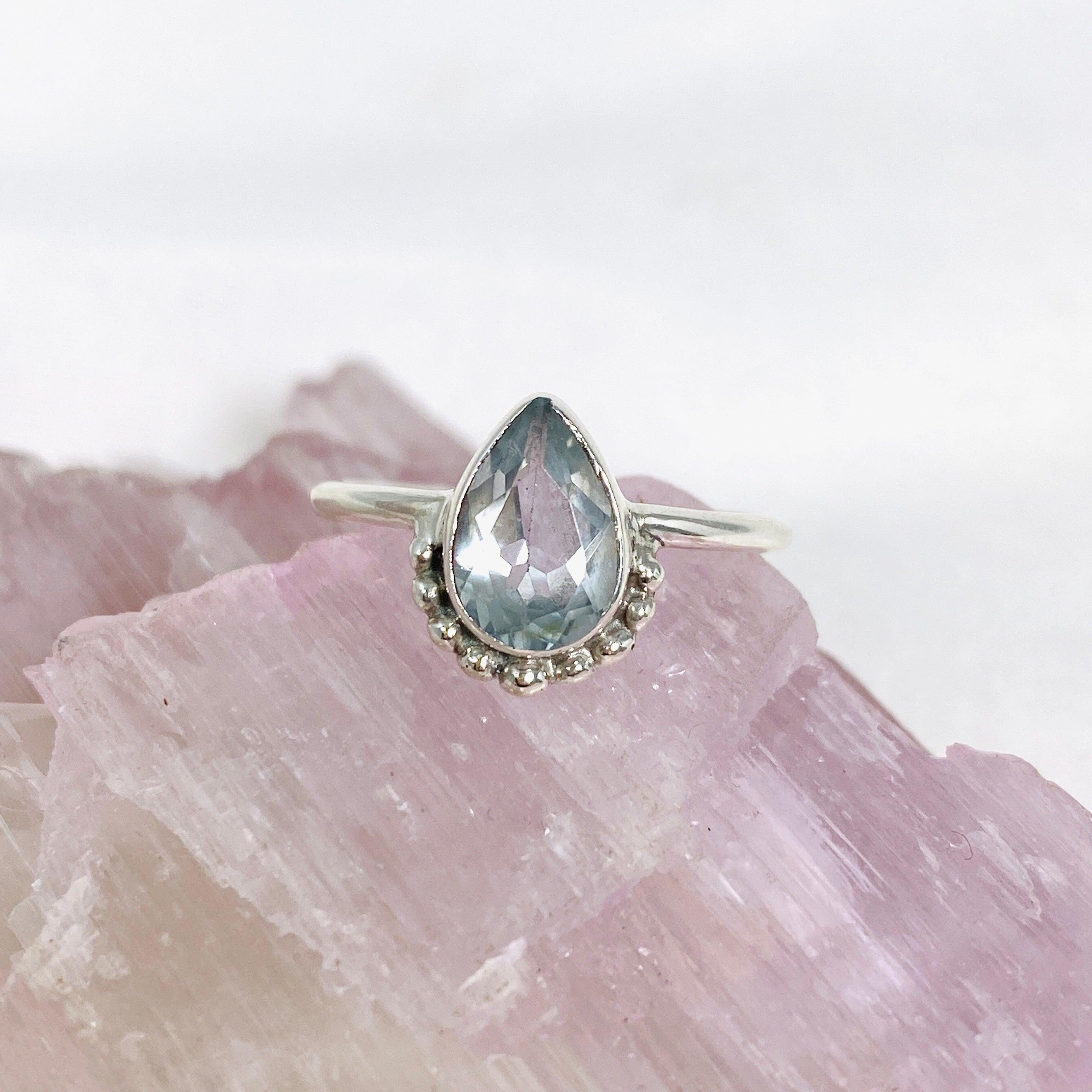 Blue Topaz Teardrop Faceted Fine Band Ring - Sterling Silver 925, Size 7, Dainty Elegant Jewelry for Women - Perfect for Weddings, Anniversaries & Special Occasions