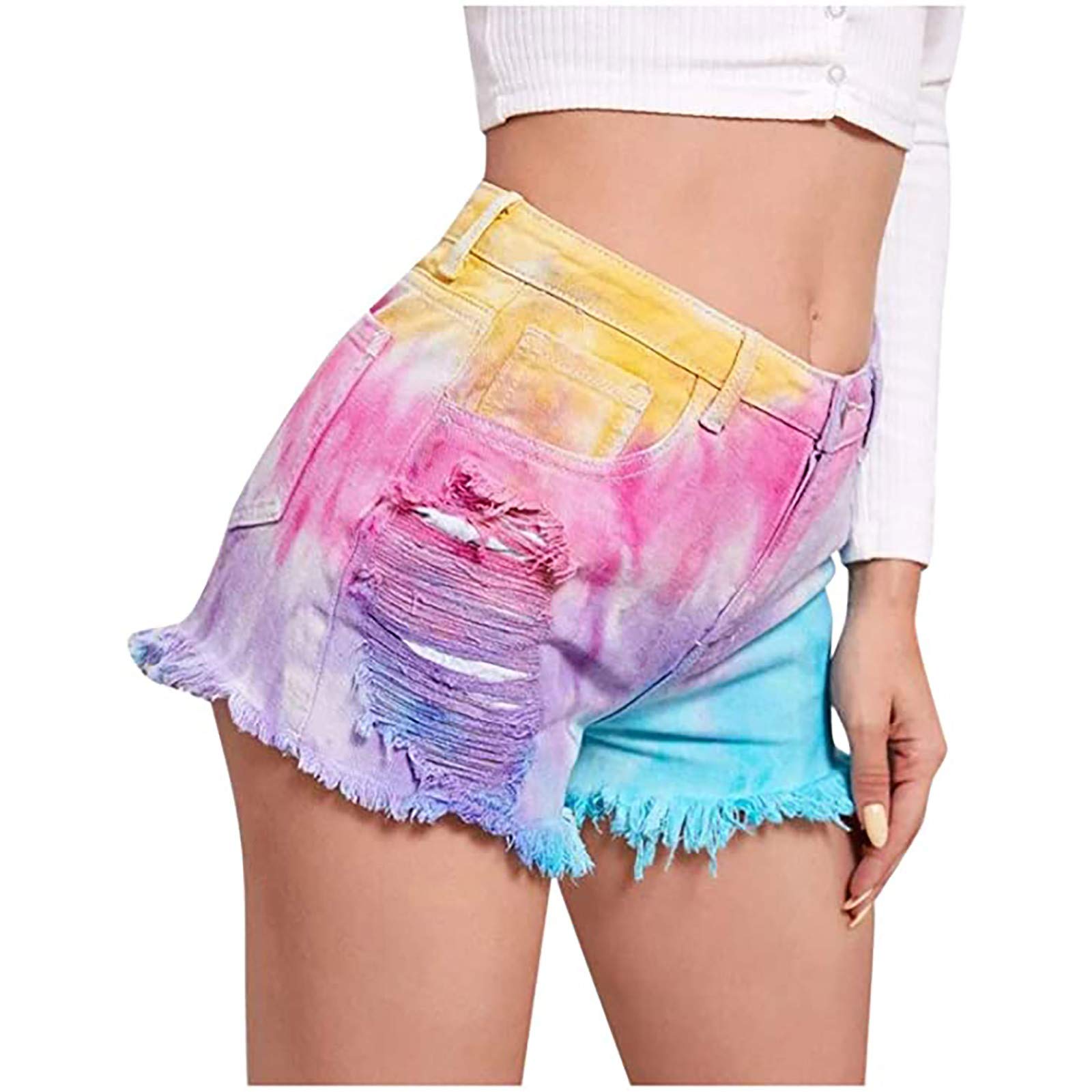 Women's High Waisted Ripped Tie-Dye Denim Shorts - Stretchy Distressed Raw Hem Jean Shorts for Summer | Trendy Casual Outfit for Beach, Music Festivals & Streetwear
