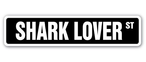 Shark Lover Street Sign - Animal & Ocean Themed Metal Decor with Jaws Design | 18 Inch Wide Indoor/Outdoor Wall Art for Beach House, Man Cave or Shark Enthusiast Room