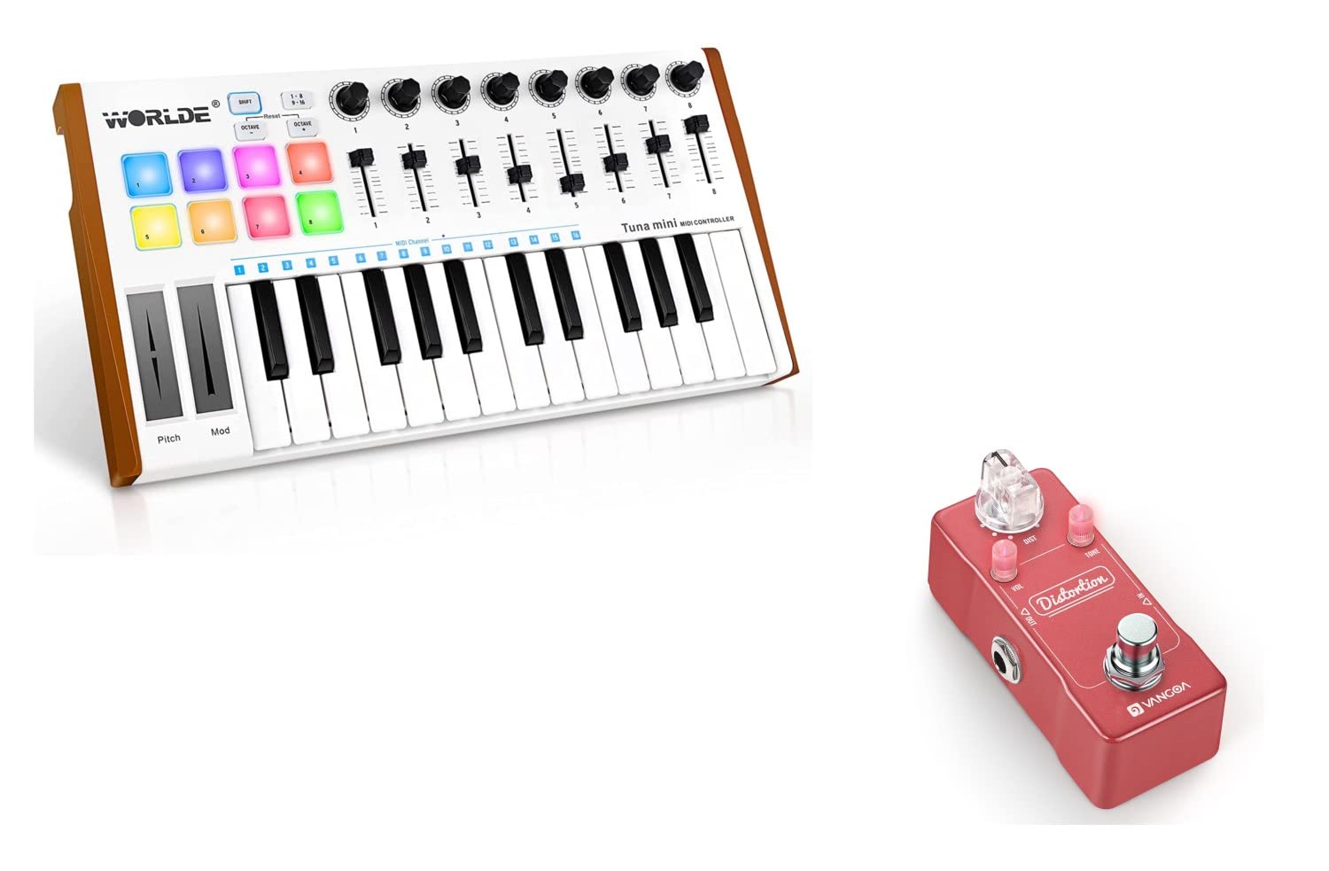 Vangoa Worlde Tuna Mini MIDI Keyboard Controller Bundle with Distortion Guitar Pedal - Perfect for Home Studio Recording, Live Performances & Music Production