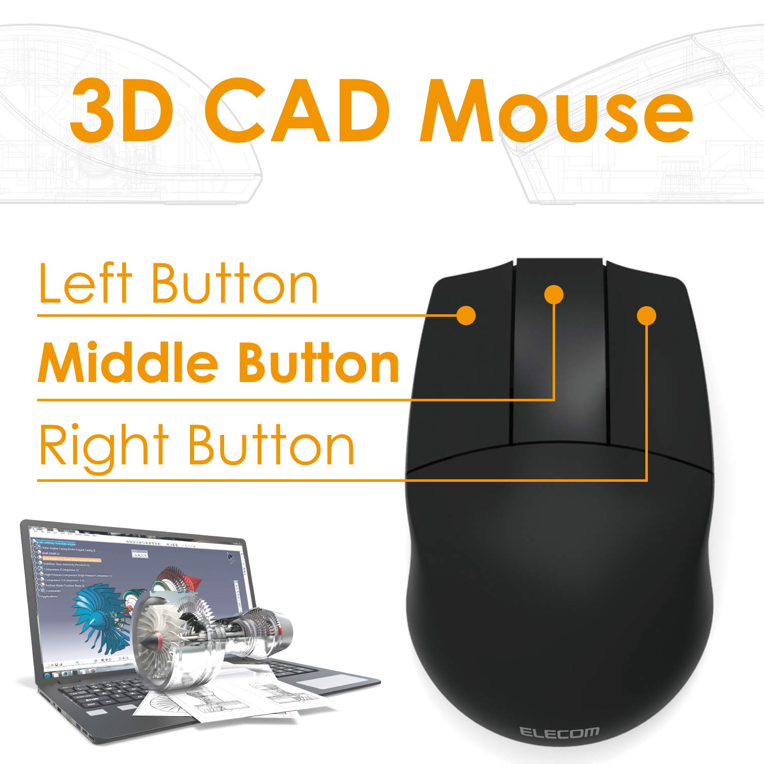 ELECOM Japan Wireless 2.4GHz 3D-CAD Mouse - 3 Button Optical Mouse with Smooth Tracking, Blue LED, 600/1200 DPI for Windows/Mac (M-CAD01DBBK) - Perfect for CAD Designers, Engineers & Graphic Professionals
