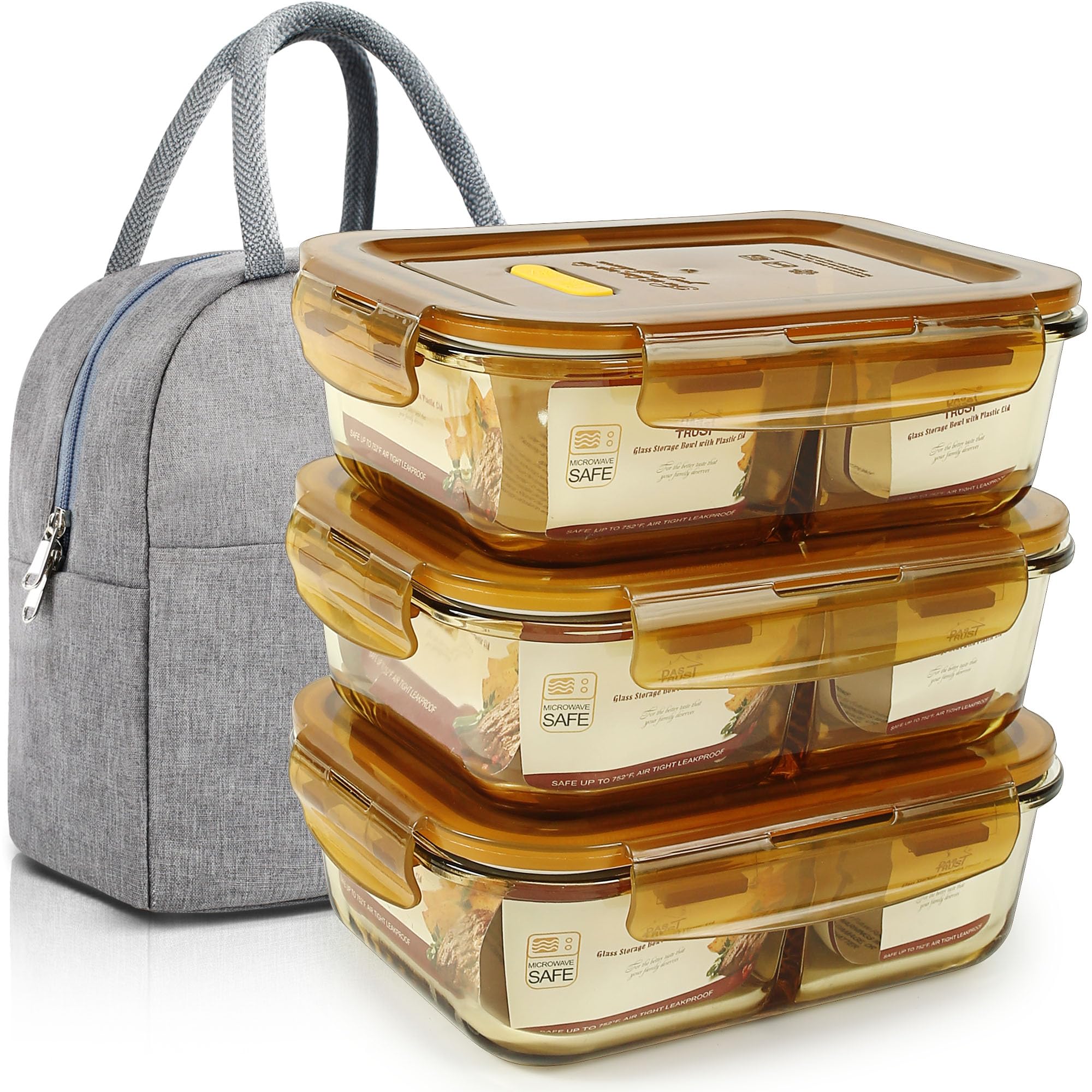 DAS TRUST 3-Pack Glass Food Storage Containers with Lids - 2 Compartment Bento Box for Meal Prep, Lunch & Leftovers | Reusable, Leakproof & Microwave Safe | Perfect for Office, School & Picnics