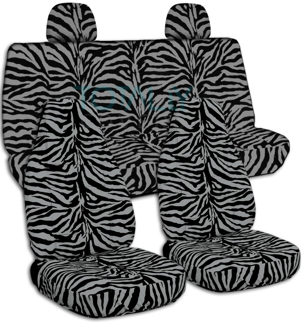 Silver Zebra Print Car Seat Covers Full Set with 2 Rear Headrest Covers - Universal Fit for Cars, Trucks, Vans, RVs & SUVs - 30 Animal Print Options - Perfect for Road Trips & Pet Protection