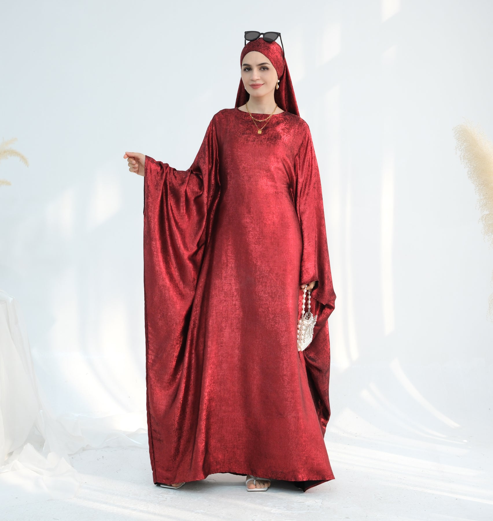 Linora Shimmer Butterfly Abaya - Elegant Ruby Embroidered Islamic Dress for Women | Perfect for Eid, Wedding & Special Occasions