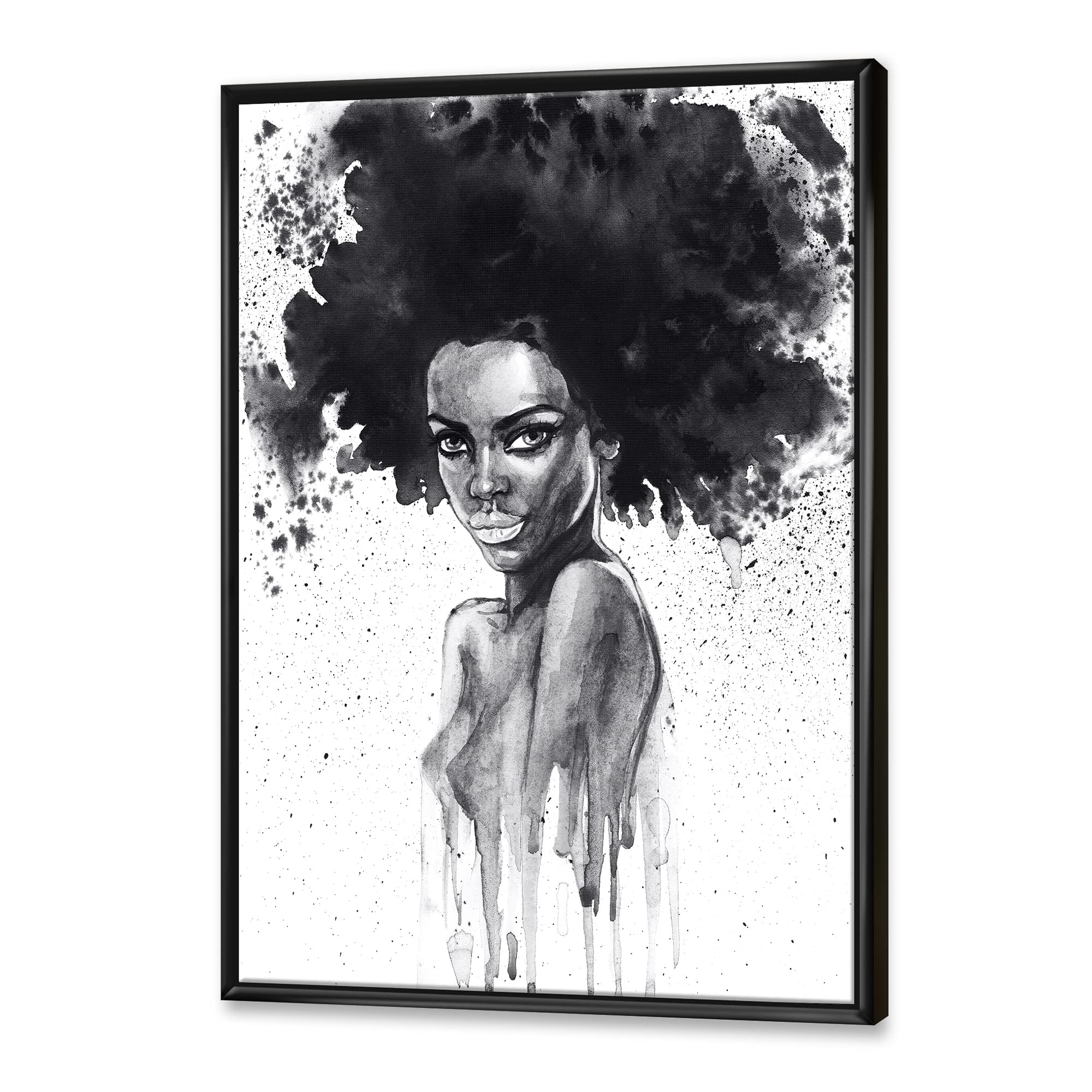 DesignQ Black and White African American Woman Portrait III - Modern Framed Canvas Wall Art Print for Living Room, Bedroom & Office Decor