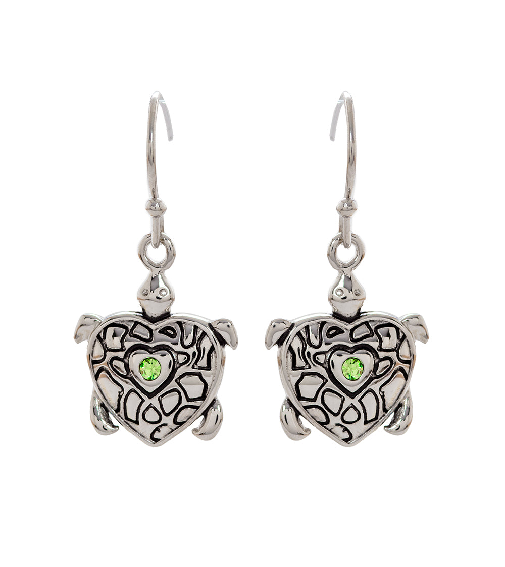 Peridot Honu Earrings - Rhodium Plated Sterling Silver Hawaiian Sea Turtle Jewelry for Women - Perfect for Beach Vacations, Gifts & Everyday Wear