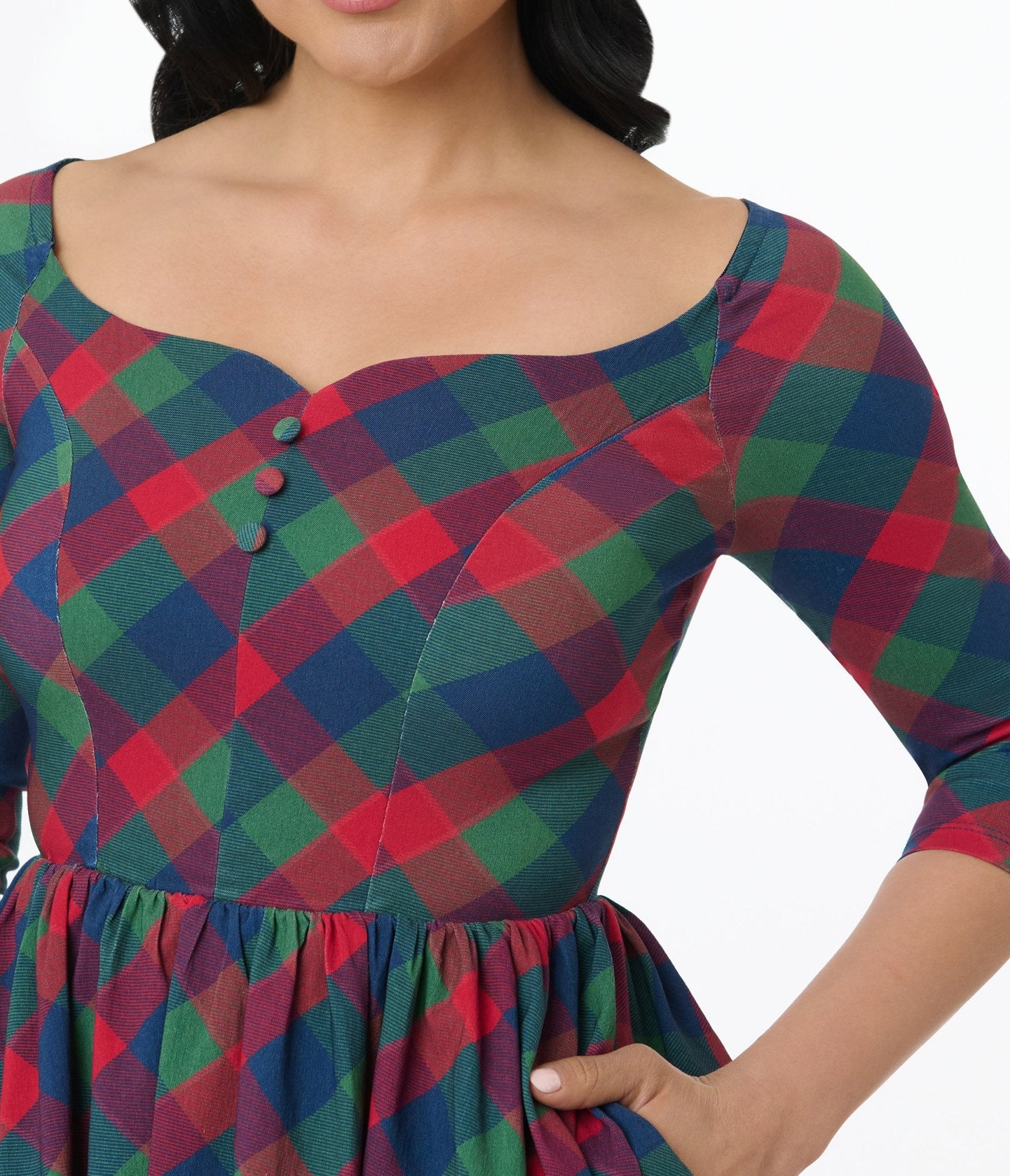 Vintage 1950s Green Red Plaid Sweetheart Swing Dress - Retro Pinup Style Party Dress for Christmas, Holiday & Cocktail Events