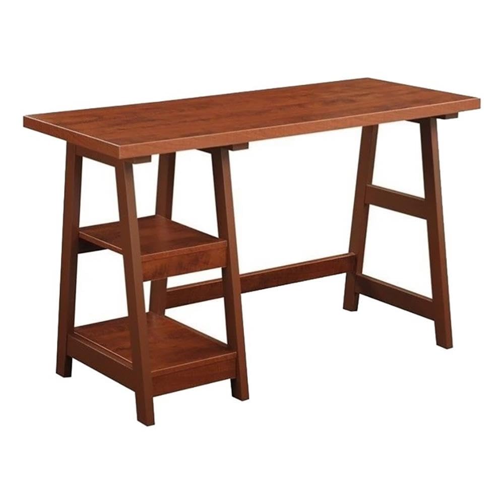 Pemberly Row Modern Wood Trestle Desk with Storage Shelves - Cherry Finish Home Office Furniture for Work & Study
