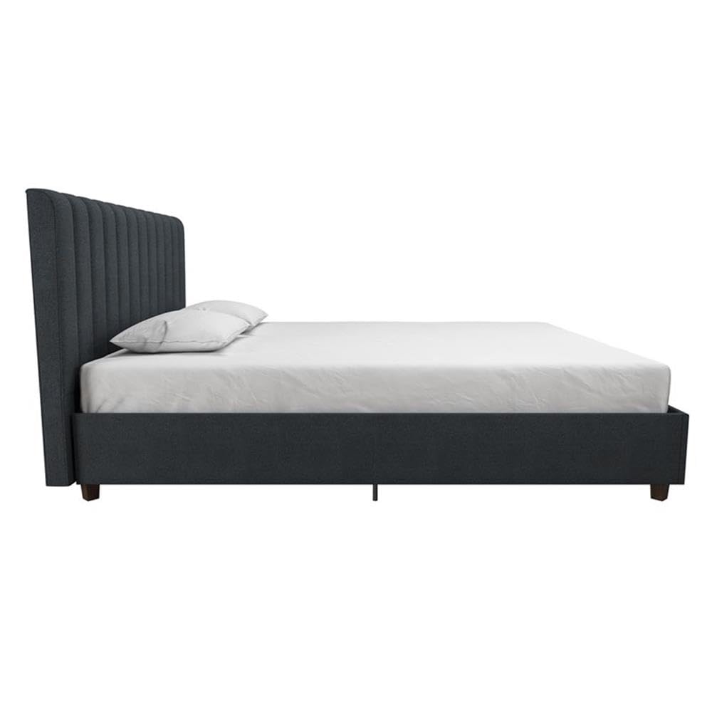Pemberly Row Contemporary Queen Upholstered Bed - Blue Linen Fabric Upholstery, Modern Platform Bed Frame with Wooden Legs | Perfect for Master Bedroom, Guest Room & Modern Home Decor