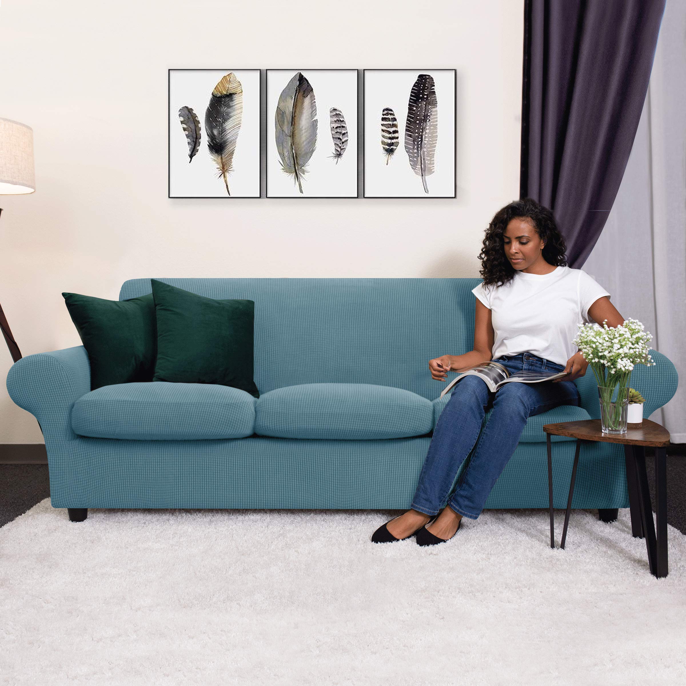 CHUN YI Stretch Sofa Slipcover Set - 1-3 Seater Couch & Armchair Cover with Separate Cushion Covers - Soft Spandex Fabric (Smoky Blue) - Perfect for Living Room, Family Room & Home Decor