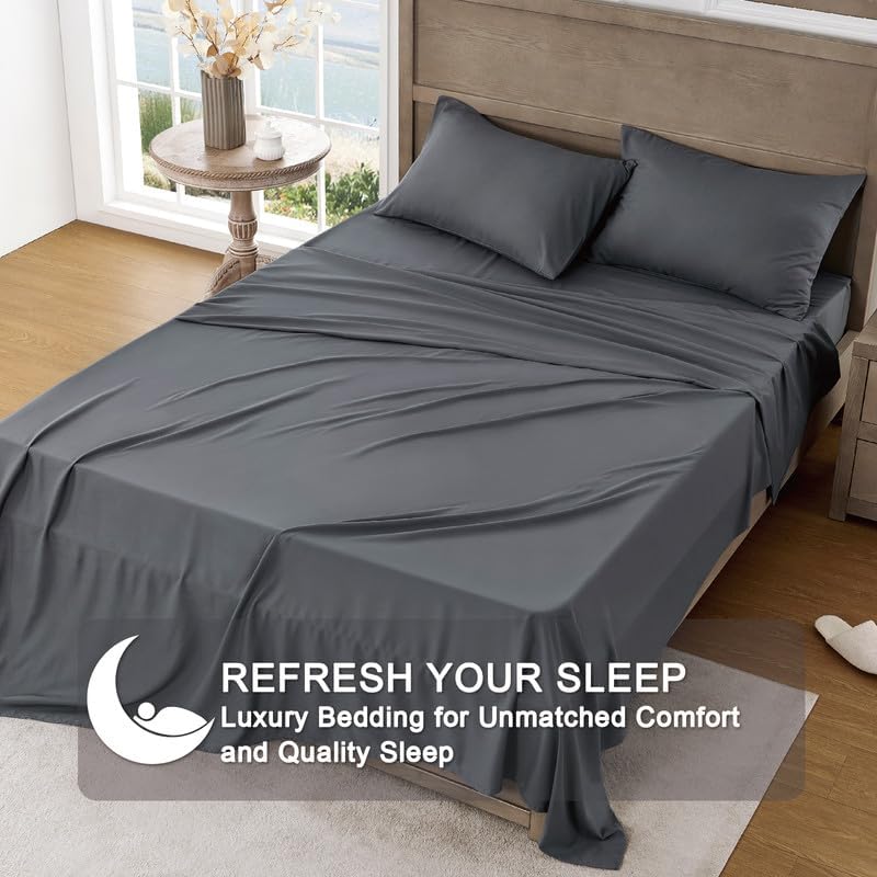 FreshCulture Queen Sheet Set - Ultra Soft Brushed Microfiber Bed Sheets for Queen Size Bed with Deep Pockets | Cooling, Breathable & Easy Care | 4-Piece Luxury Hotel Quality Bedding (Dark Grey) - Perfect for Home, Dorm, Guest Room & Airbnb