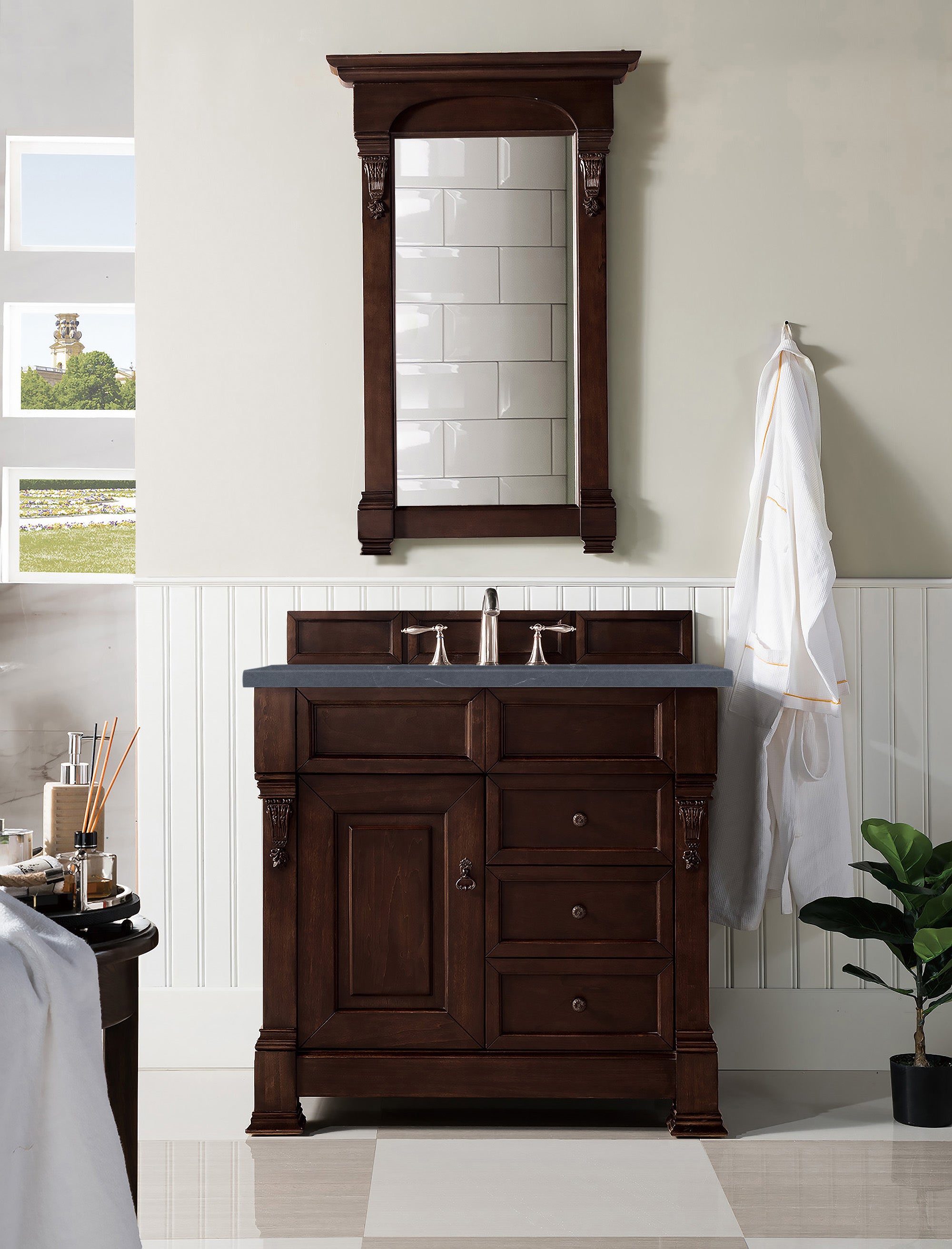 Brookfield 36 Inch Single Bathroom Vanity with Burnished Mahogany Base & 3CM Charcoal Soapstone Quartz Countertop - Perfect for Modern Home Bathroom Renovation