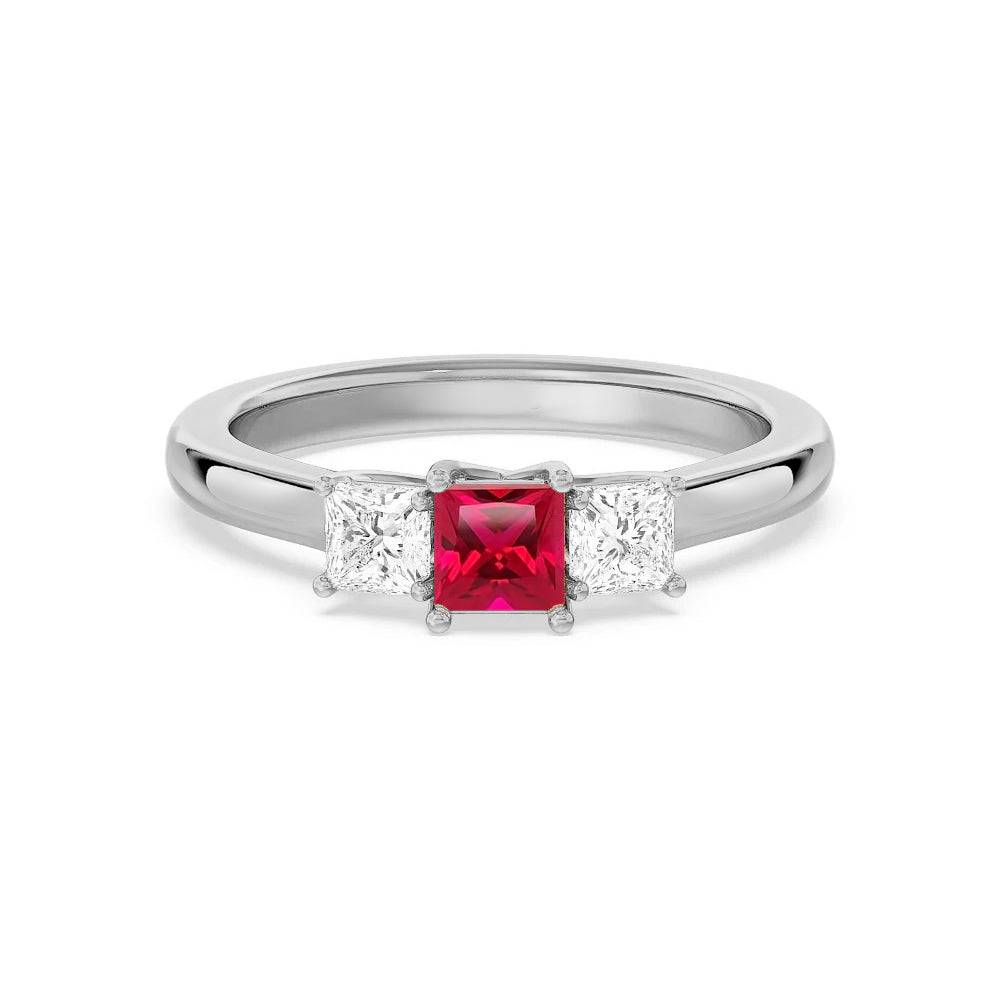 Exquisite Lab-Grown Ruby & Princess Cut Diamond Three-Stone Ring for Women | Elegant Engagement, Wedding, Anniversary Jewelry Gift