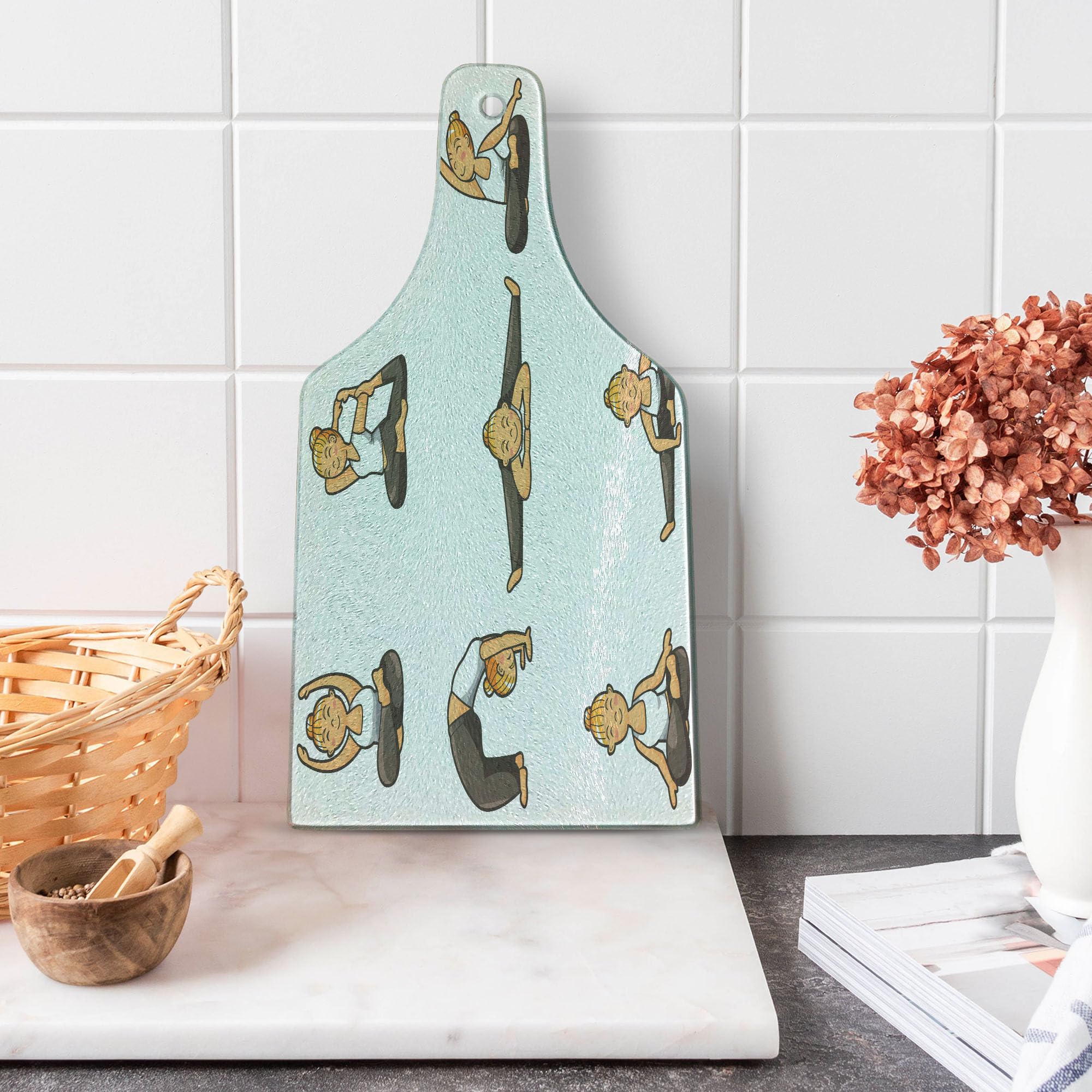 Ambesonne Sports Theme Cutting Board - Cartoon Yoga Lady Design, Tempered Glass Serving Board for Kitchen & Dining, Wine Bottle Shape in Taupe White & Dark Peach - Perfect for Entertaining, Gifts & Home Decor
