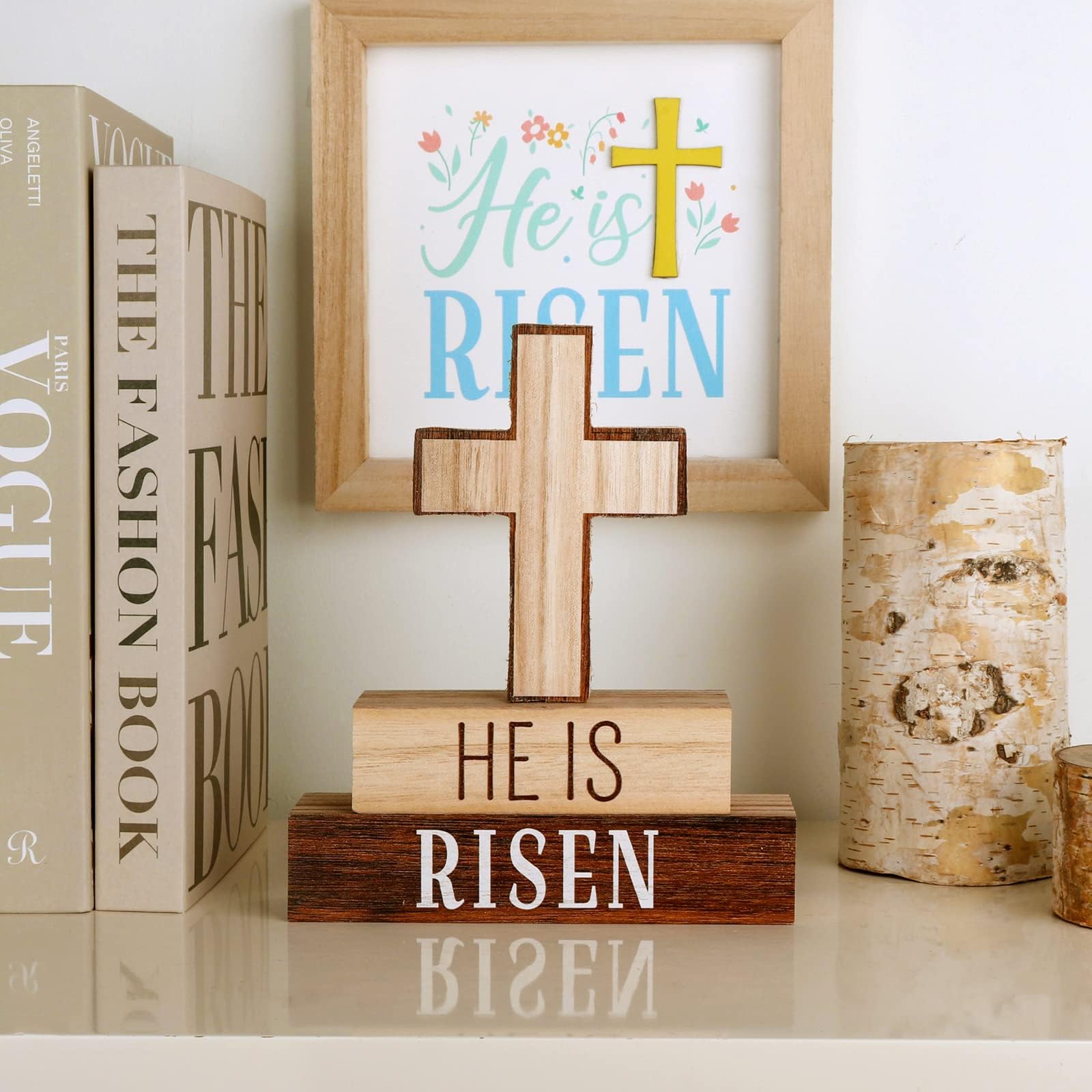 3-Piece Easter Home Decor Set - HE is Risen Wooden Cross Table Signs, Christian Religious Block Signs for Farmhouse & Rustic Tiered Tray Decorations | Perfect for Easter Gifts, Church Events & Spring Home Decor