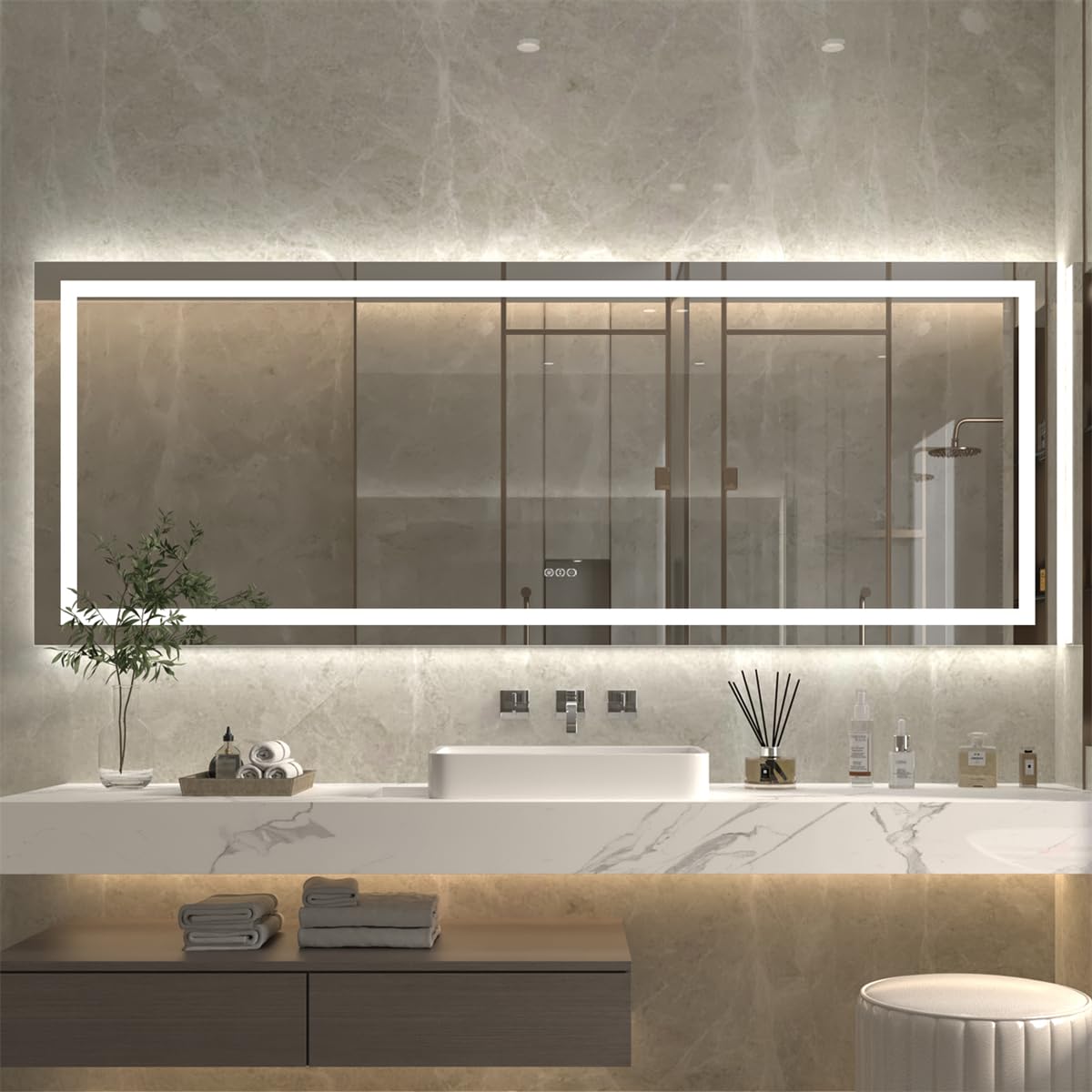 ExBrite 96x36 Inches LED Bathroom Mirror with Anti-Fog & Dimmable Light - Wall Mounted Vanity Mirror with Dual Lighting Modes, Tempered Glass - Perfect for Modern Bathrooms, Dressing Rooms & Makeup Areas