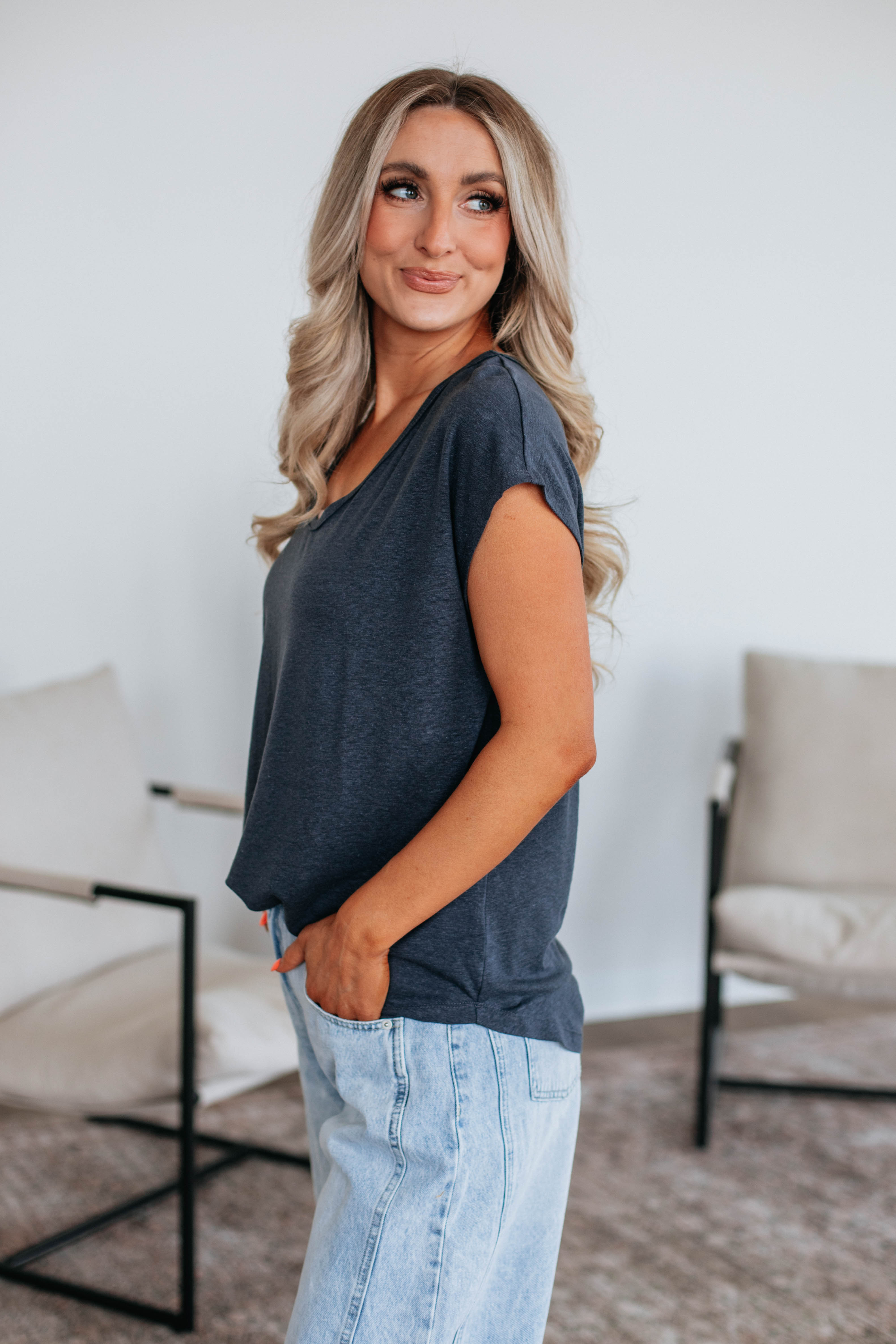 Arden Women's Linen Blouse - Soft Breathable Charcoal Gray Tops for Casual Wear & Summer Outfits
