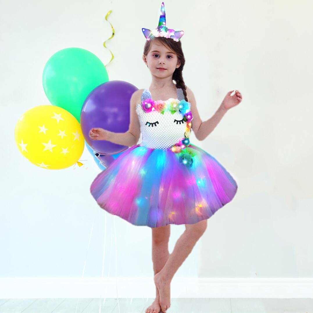 **LED Light Up Unicorn Tutu Dress for Girls - Sparkling Pink Costume with Flower Headband for Birthday Party, Halloween & Dress Up Play**