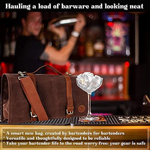 Beemojo Professional Bartender Tool Bag - Water Resistant Waxed Canvas with 16 Pockets & Adjustable Shoulder Straps - Genuine Leather Handles - Holds 33oz Bottles - Perfect for Mobile Bartending, Travel & Cocktail Making
