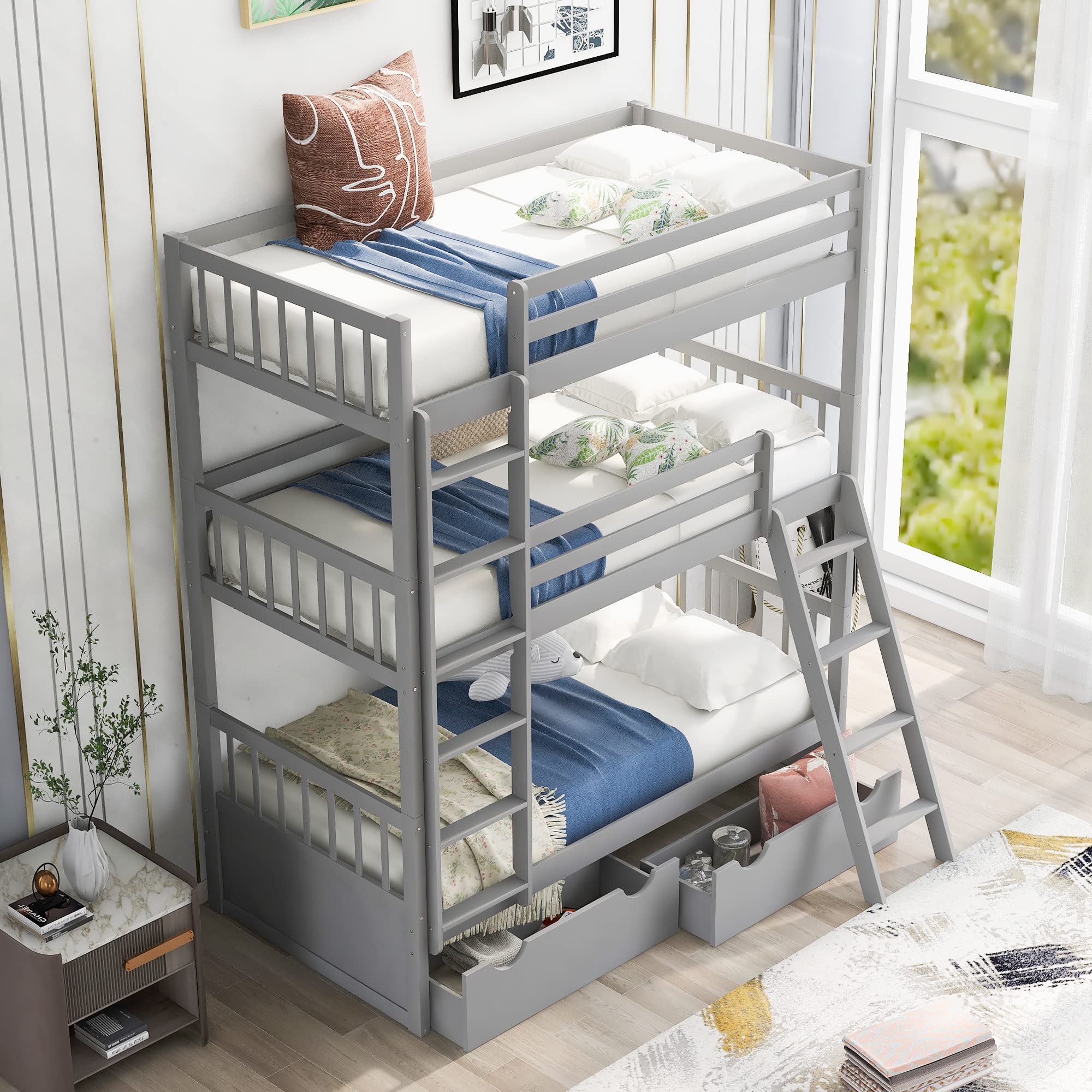 Wooden Twin Triple Bunk Bed with Storage Drawers for Kids & Teens - Stackable 3-Tier Twin Size Bunk Bed Frame with Slats & 2 Ladders, Convertible to Low Bunk Bed, Platform Bed or 3 Separate Single Beds - Perfect for Small Bedrooms, Shared Kids Rooms & Space-Saving Solutions