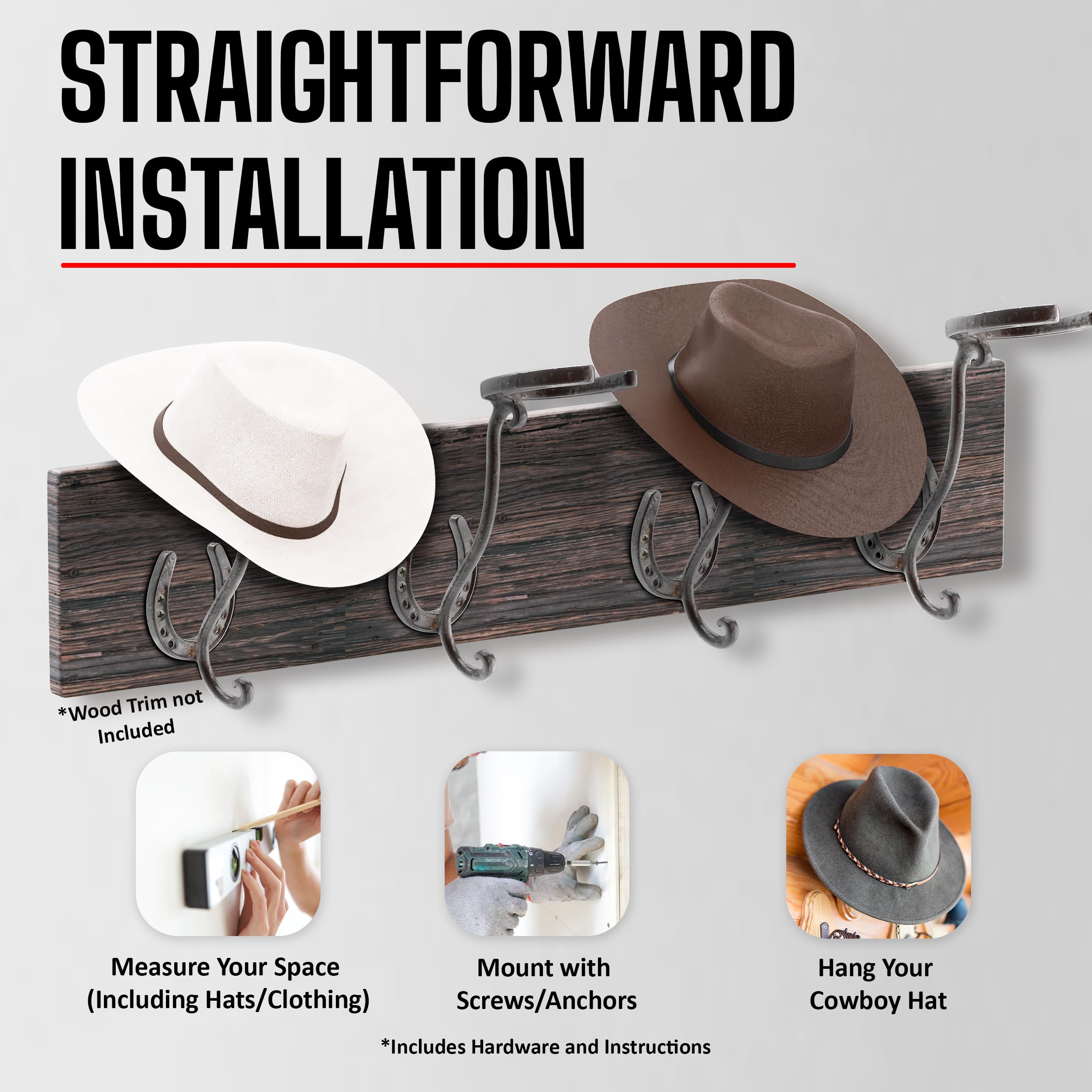 2-Pack Cowboy Hat Wall Hooks - Heavy Duty Iron Hat Rack & Organizer for Hats, Coats, Keys - Rustic Western Horseshoe Wall Mount Storage - Perfect for Entryway, Mudroom, or Western-Themed Home Decor