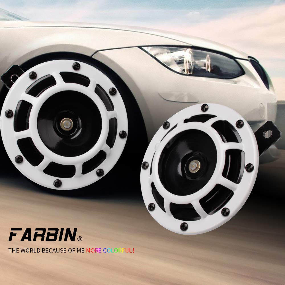 FARBIN Waterproof Car Horn - Loud Super Tone High/Low Metal Twin Horns Kit with Protective Grill (White Horn, Harness & Bracket) - Perfect for Trucks, SUVs & Off-Road Vehicles
