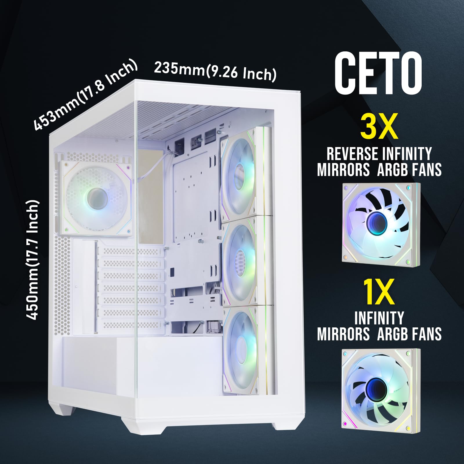 BitFenix CETO High Airflow White PC Gaming Case - Panoramic Tempered Glass, Reverse ATX Motherboard Support, 4x Infinity Mirror ARGB Fans (3 Reverse) - 360mm AIO & 410mm GPU Compatibility - Perfect for Gaming Rigs & Streaming Setups