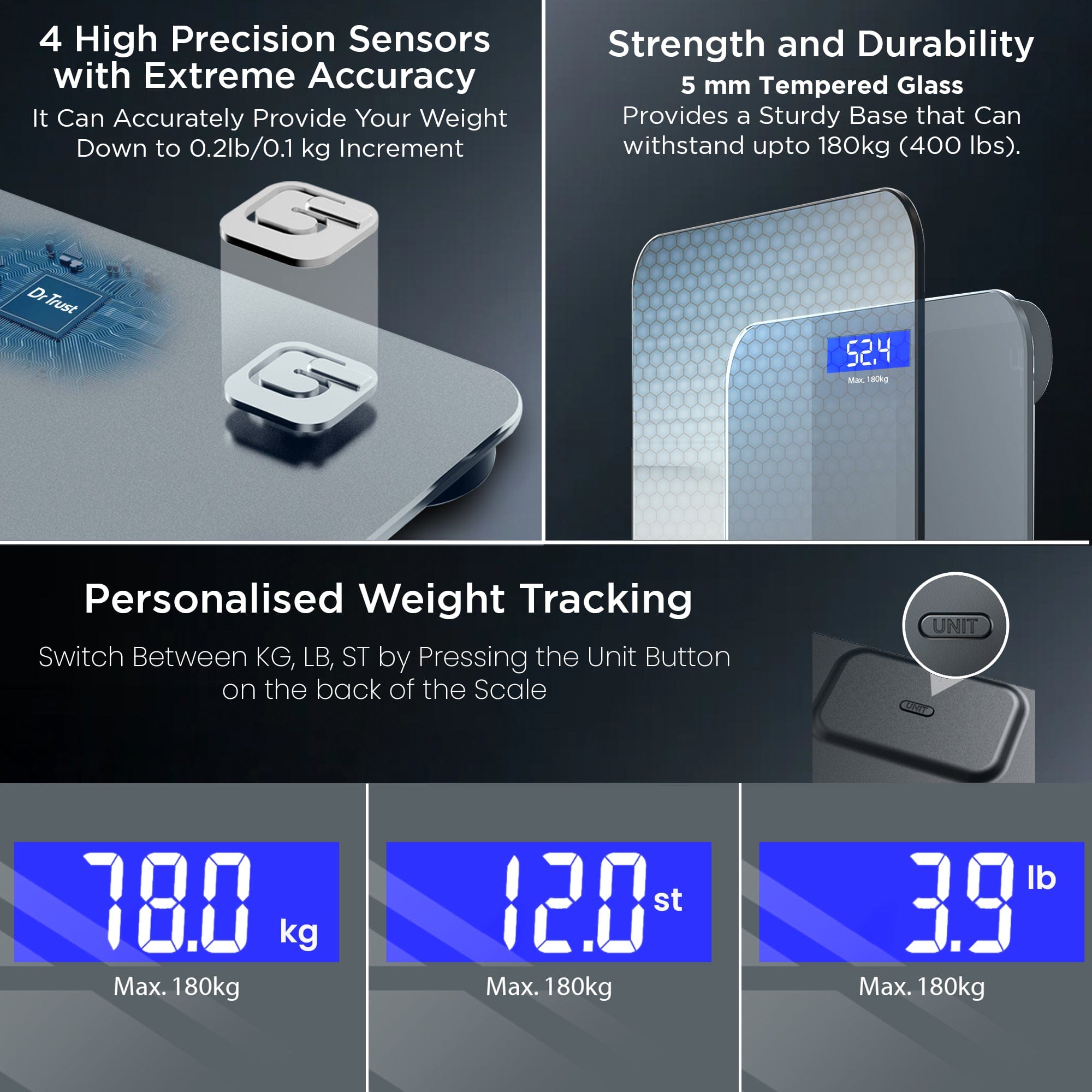 Dr Trust USA Platinum Rechargeable Digital Bathroom Scale - High Precision Body Weight Scale for Home & Gym Use, BMI Calculator with LCD Display, 400 lbs Capacity